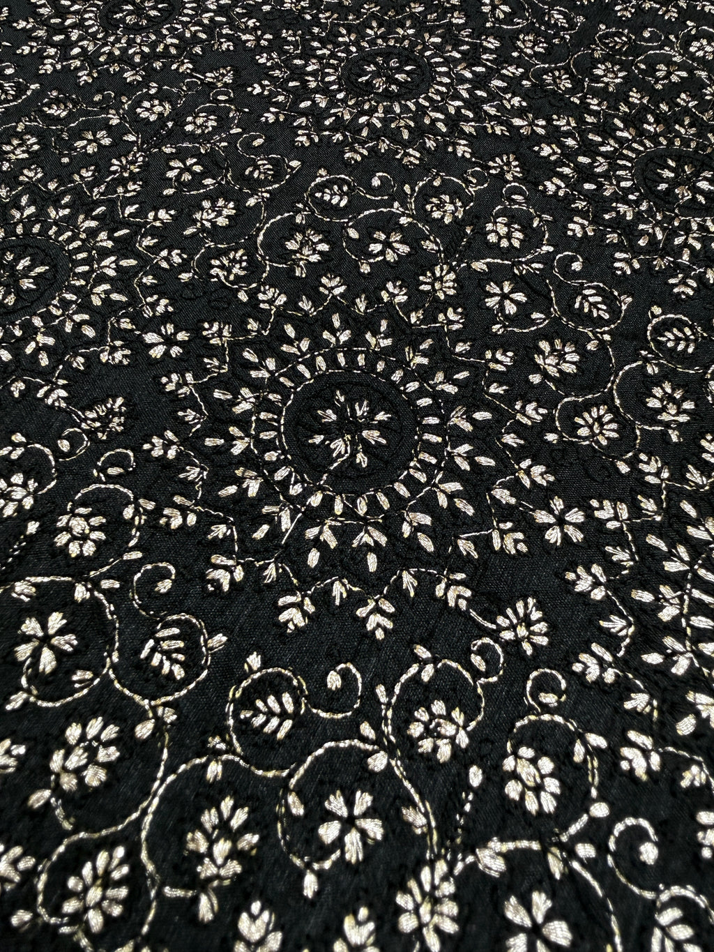 Black Embroidered Fabric with Intricate Floral Motif | 2501776