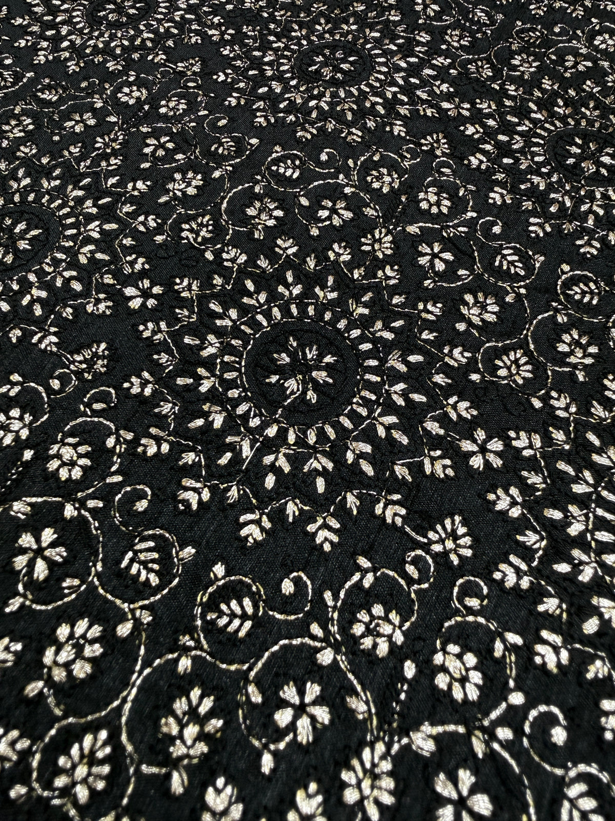 Black Embroidered Fabric with Intricate Floral Motif | 2501776