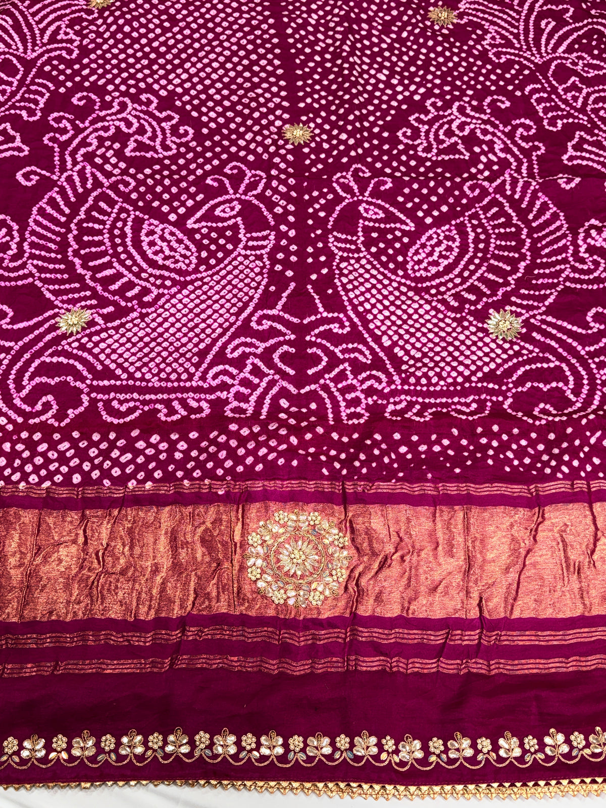 Rani Pink Pure Gajji Silk Bandhej Dupatta with Hand Embroidery | 2500825