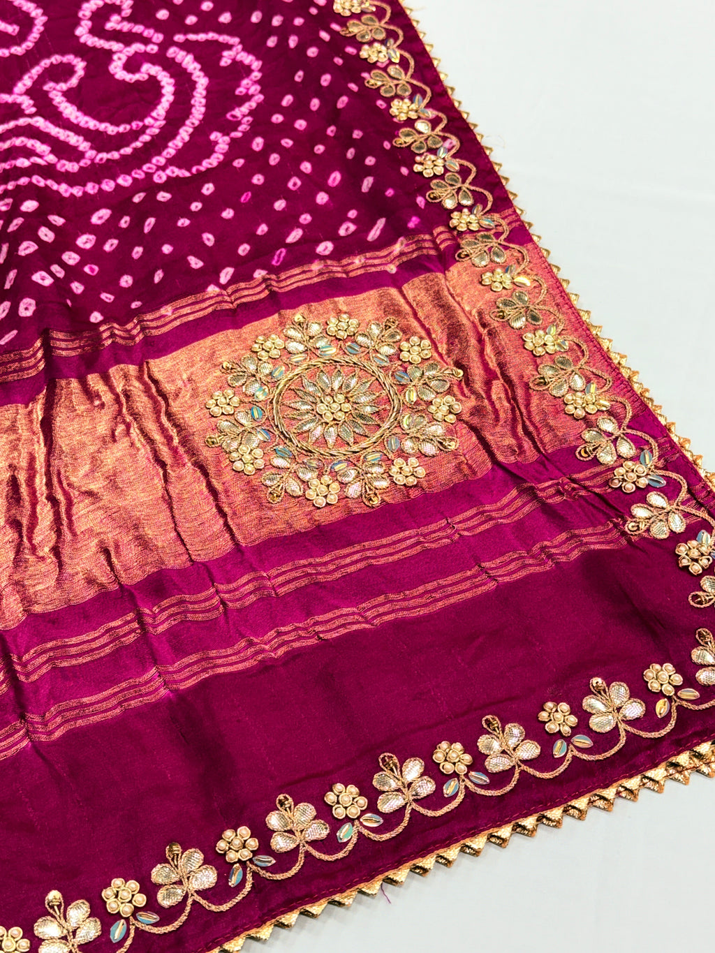 Rani Pink Pure Gajji Silk Bandhej Dupatta with Hand Embroidery | 2500825