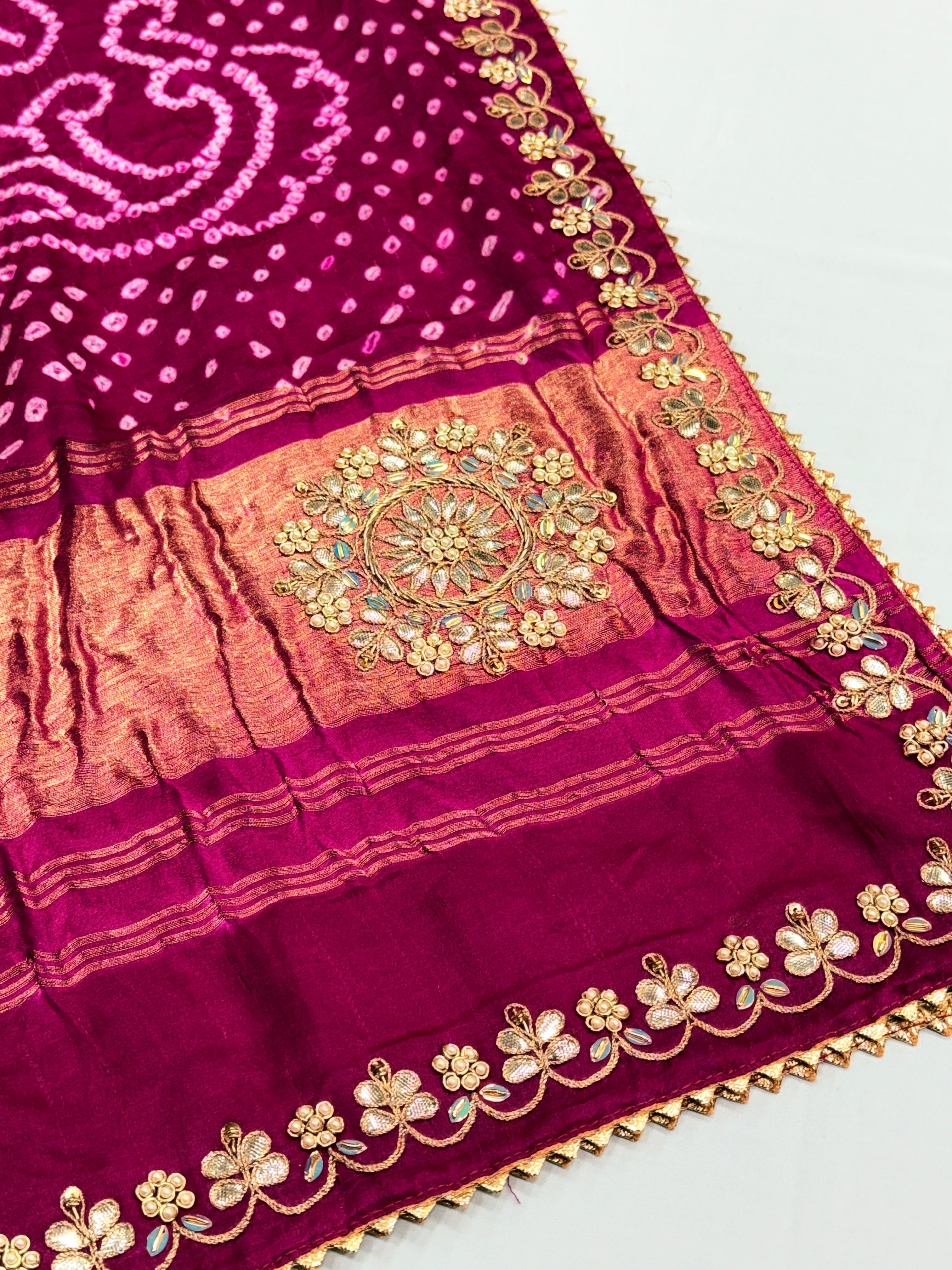 Rani Pink Pure Gajji Silk Bandhej Dupatta with Hand Embroidery | 2500825