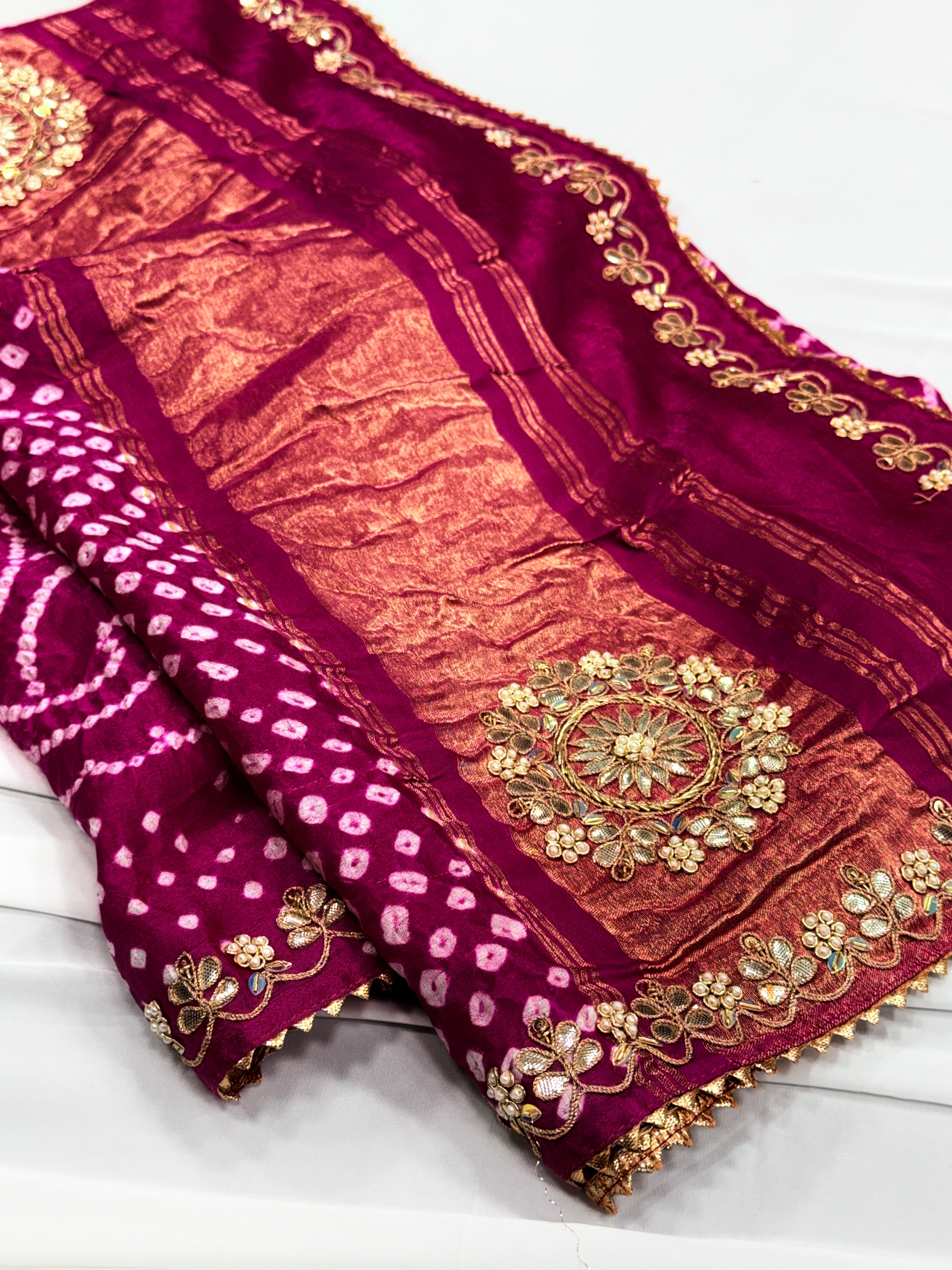 Rani Pink Pure Gajji Silk Bandhej Dupatta with Hand Embroidery | 2500825
