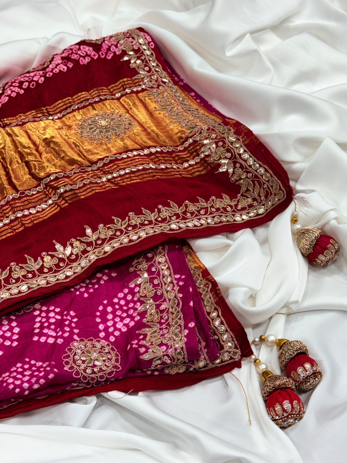 Magenta & Red Pure Gajji Silk Bandhej Dupatta with Hand Embroidery | 2500890