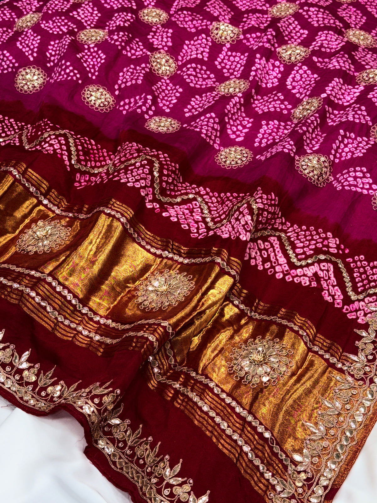 Magenta & Red Pure Gajji Silk Bandhej Dupatta with Hand Embroidery | 2500890