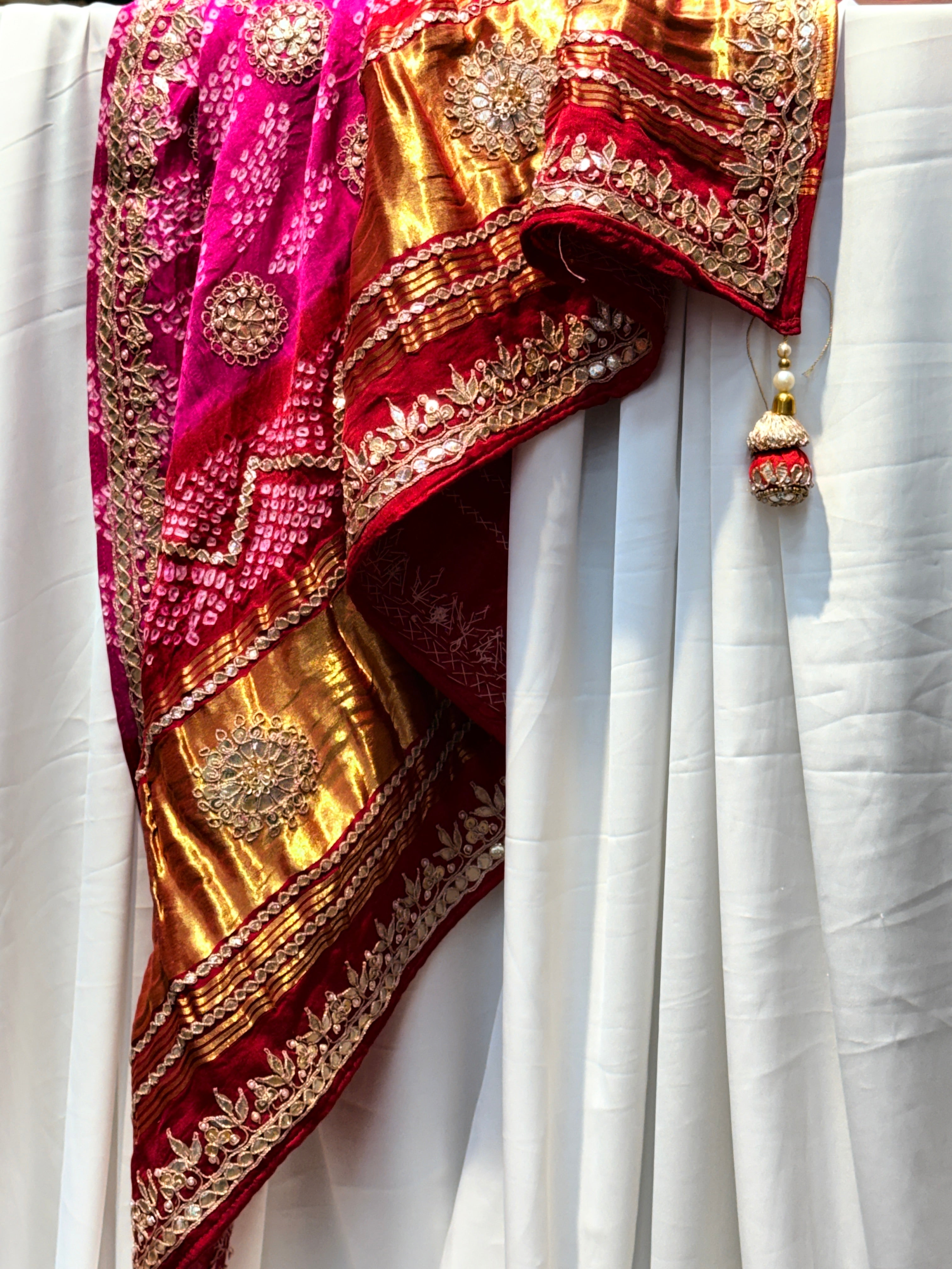 Magenta & Red Pure Gajji Silk Bandhej Dupatta with Hand Embroidery | 2500890
