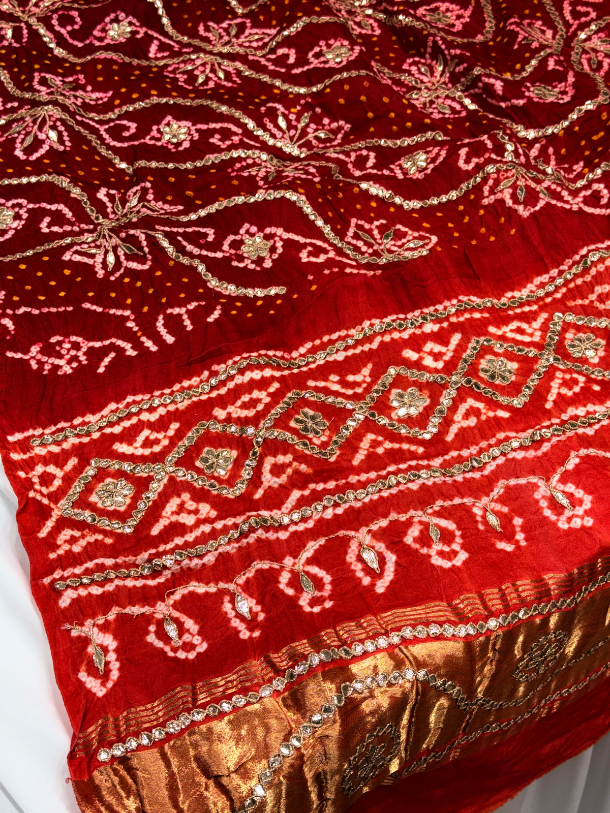 Orange & Red Pure Gajji Silk Bandhej Dupatta with Hand Embroidery | 2500894
