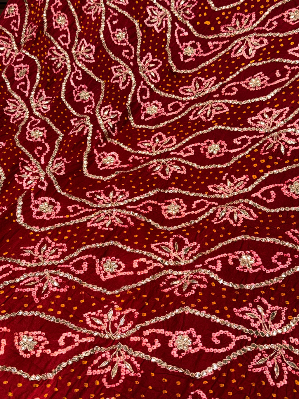 Orange & Red Pure Gajji Silk Bandhej Dupatta with Hand Embroidery | 2500894