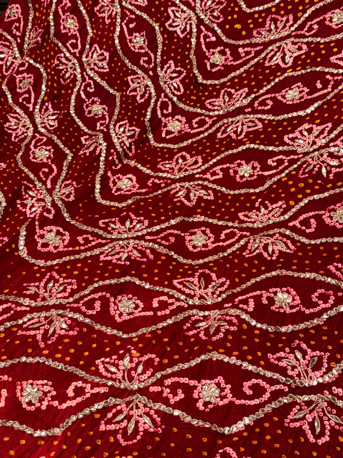 Orange & Red Pure Gajji Silk Bandhej Dupatta with Hand Embroidery | 2500894