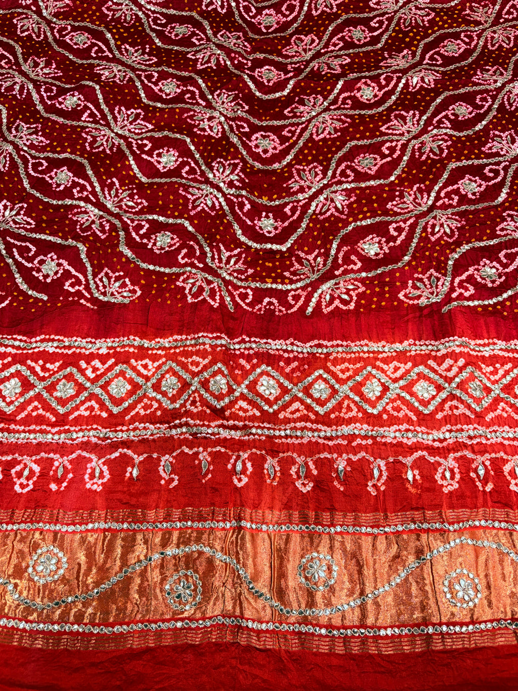 Orange & Red Pure Gajji Silk Bandhej Dupatta with Hand Embroidery | 2500894