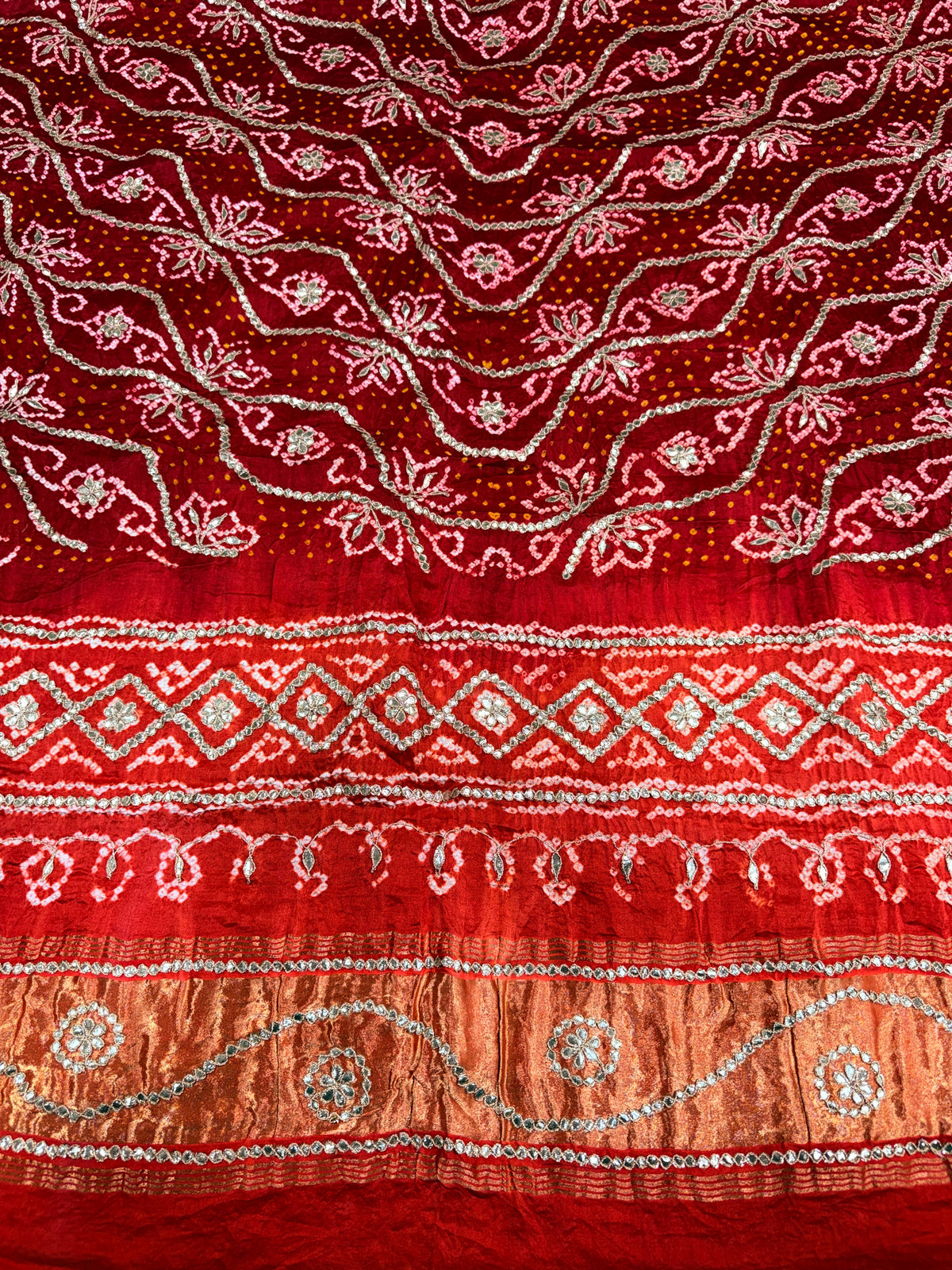 Orange & Red Pure Gajji Silk Bandhej Dupatta with Hand Embroidery | 2500894