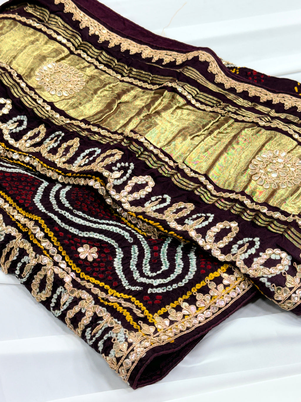 Coffee Brown Pure Gajji Silk Bandhej Dupatta with Hand Embroidery | 2507259