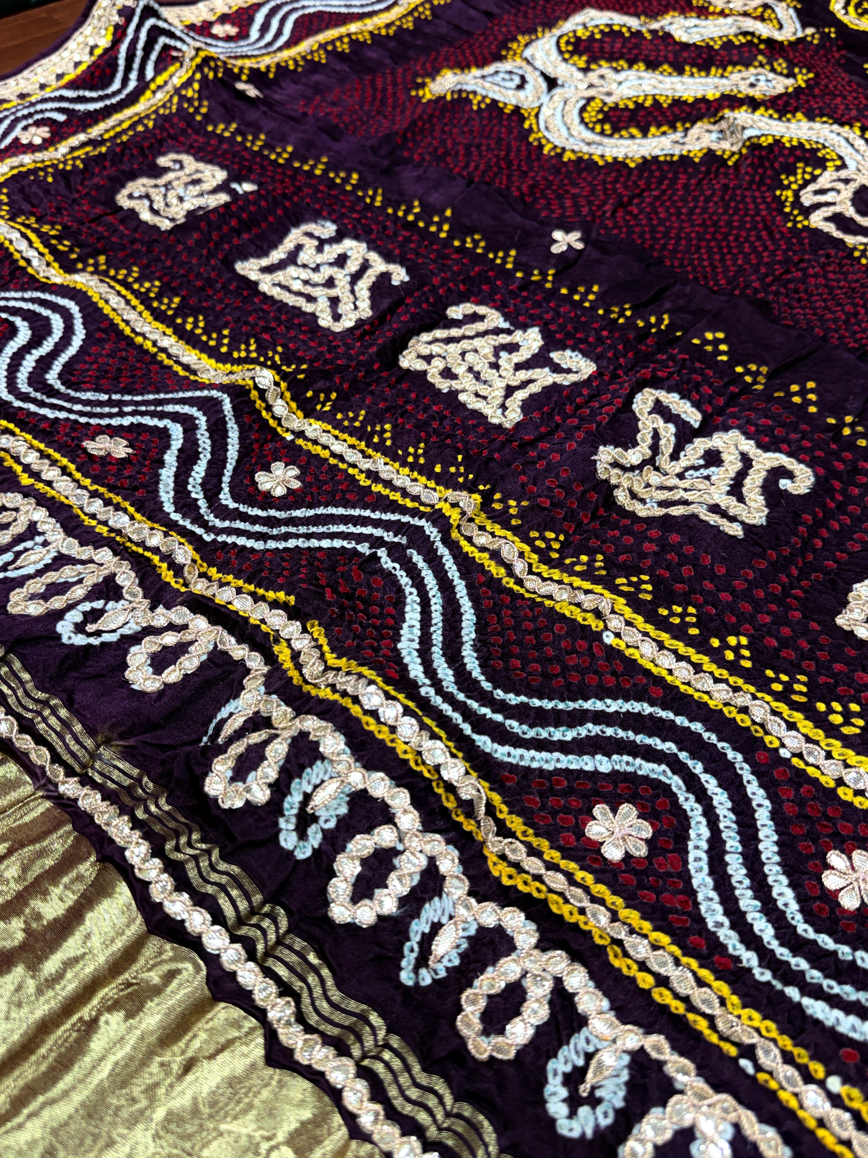 Coffee Brown Pure Gajji Silk Bandhej Dupatta with Hand Embroidery | 2507259