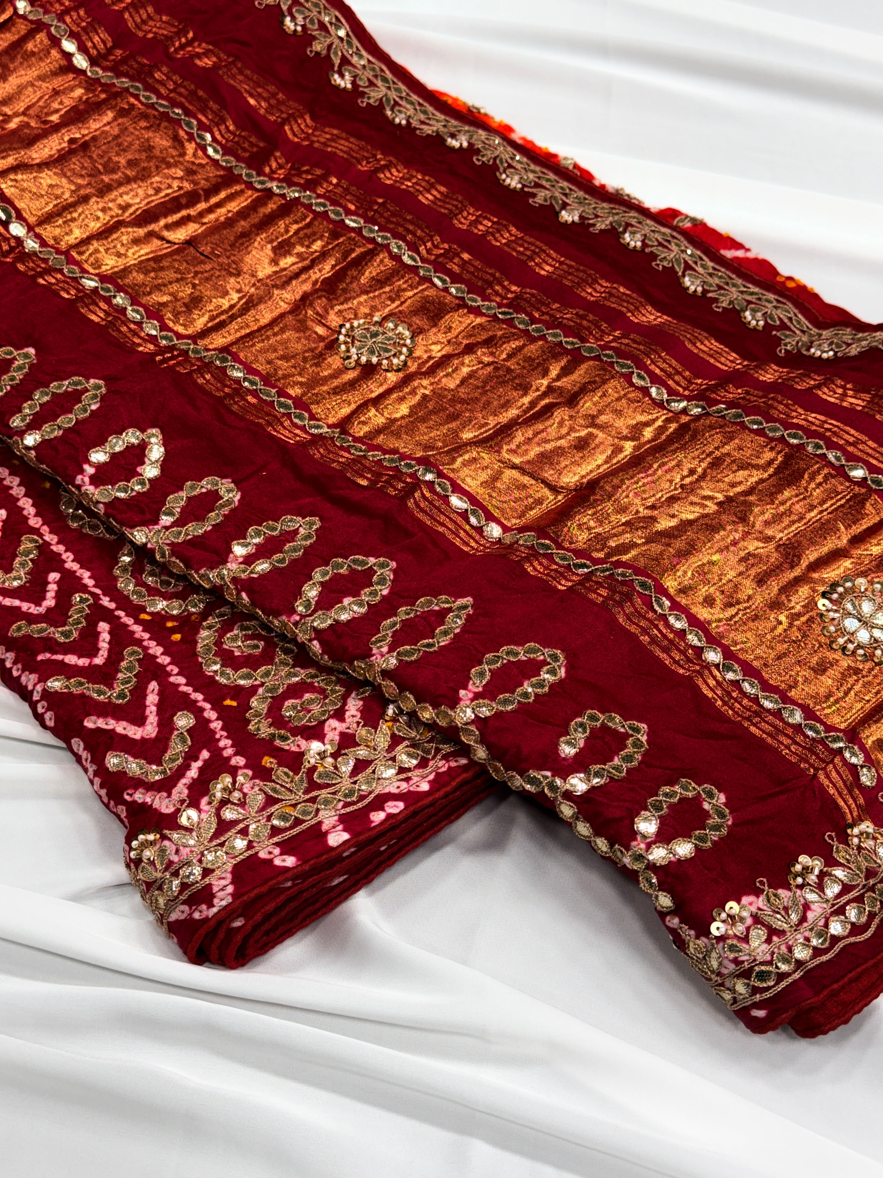 Red & Orange Pure Gajji Silk Bandhej Dupatta with Hand Embroidery | 2507260