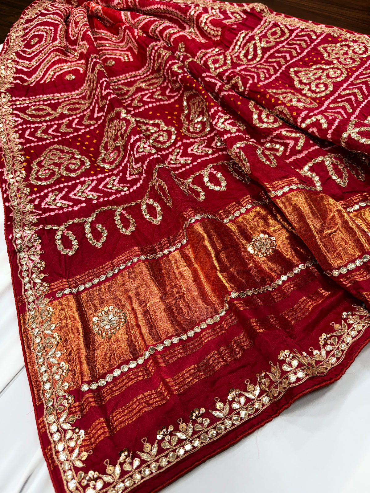 Red & Orange Pure Gajji Silk Bandhej Dupatta with Hand Embroidery | 2507260
