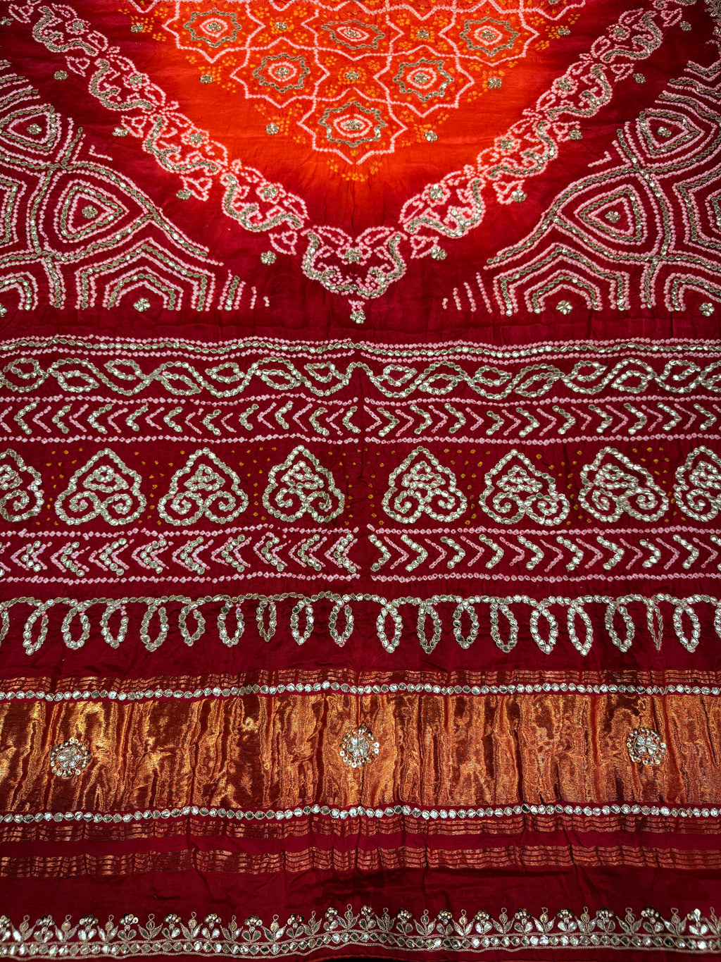 Red & Orange Pure Gajji Silk Bandhej Dupatta with Hand Embroidery | 2507260