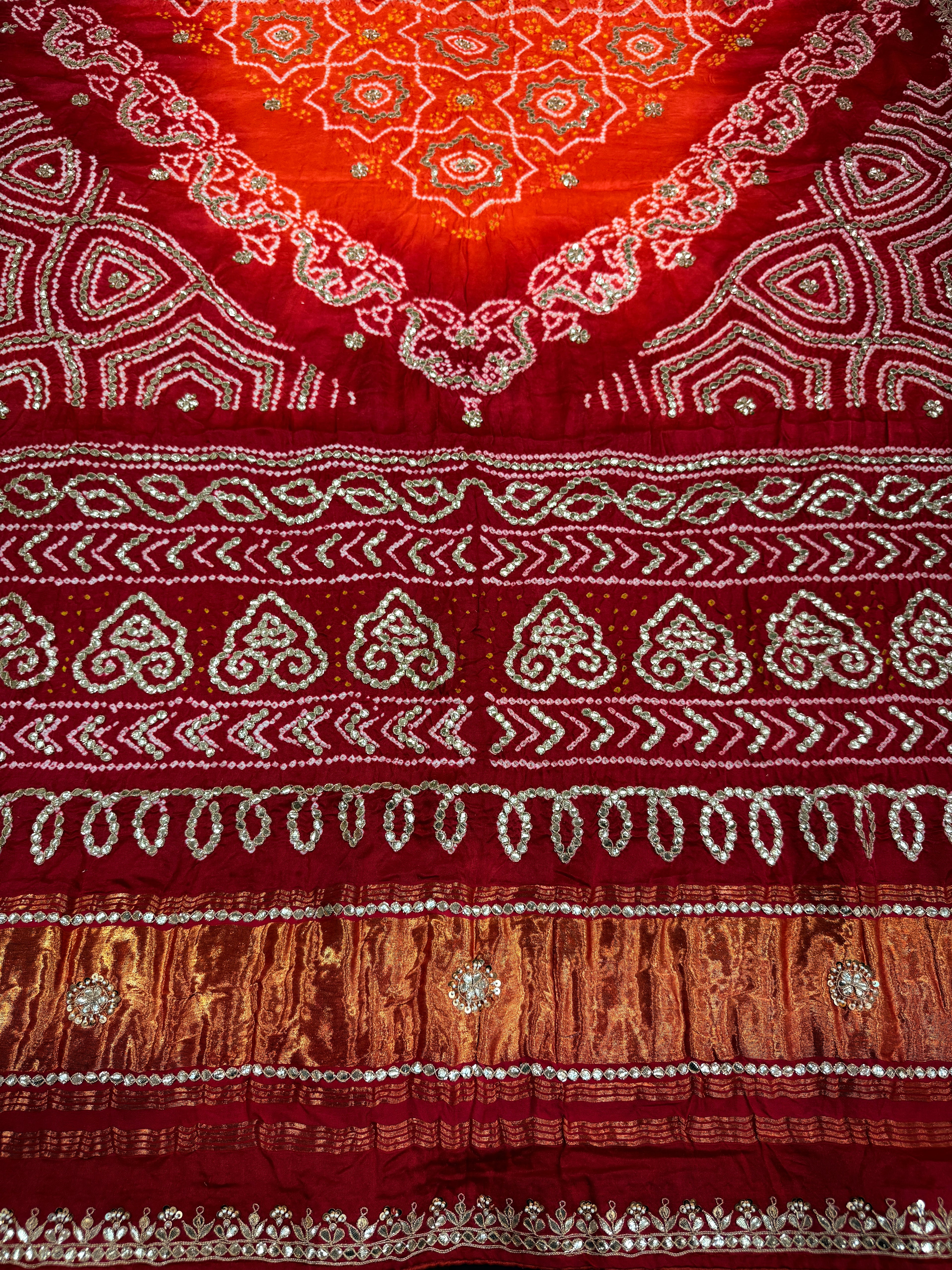 Red & Orange Pure Gajji Silk Bandhej Dupatta with Hand Embroidery | 2507260