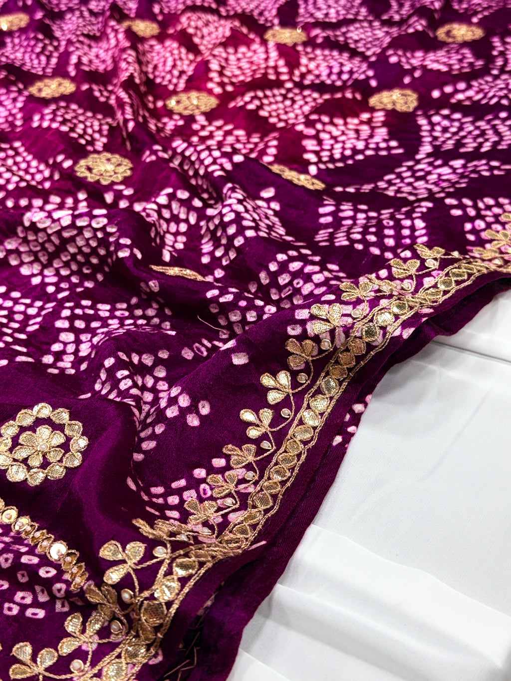 Wine Pure Gajji Silk Bandhej Dupatta with Hand Embroidery | 2500822