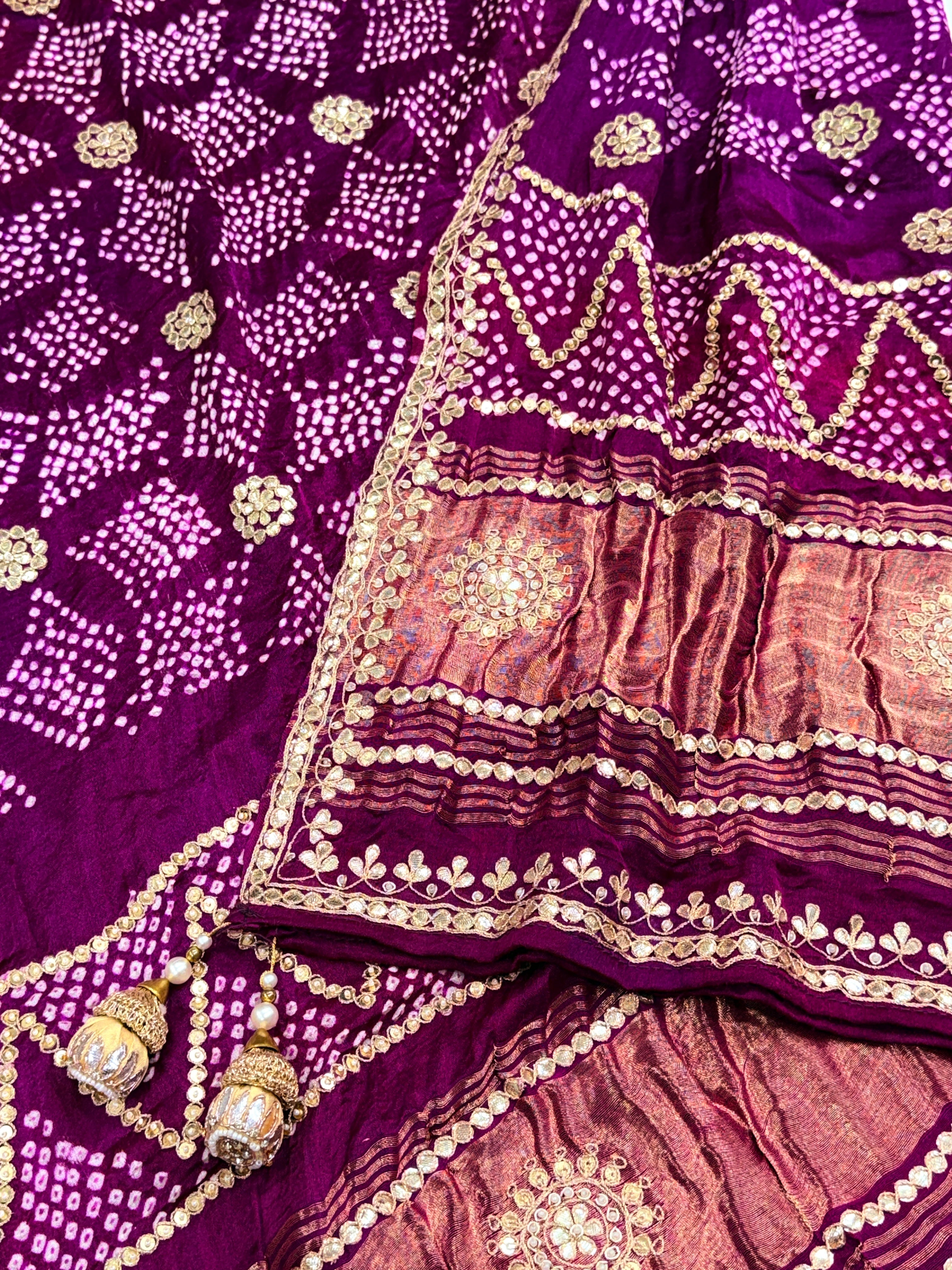 Wine Pure Gajji Silk Bandhej Dupatta with Hand Embroidery | 2500822
