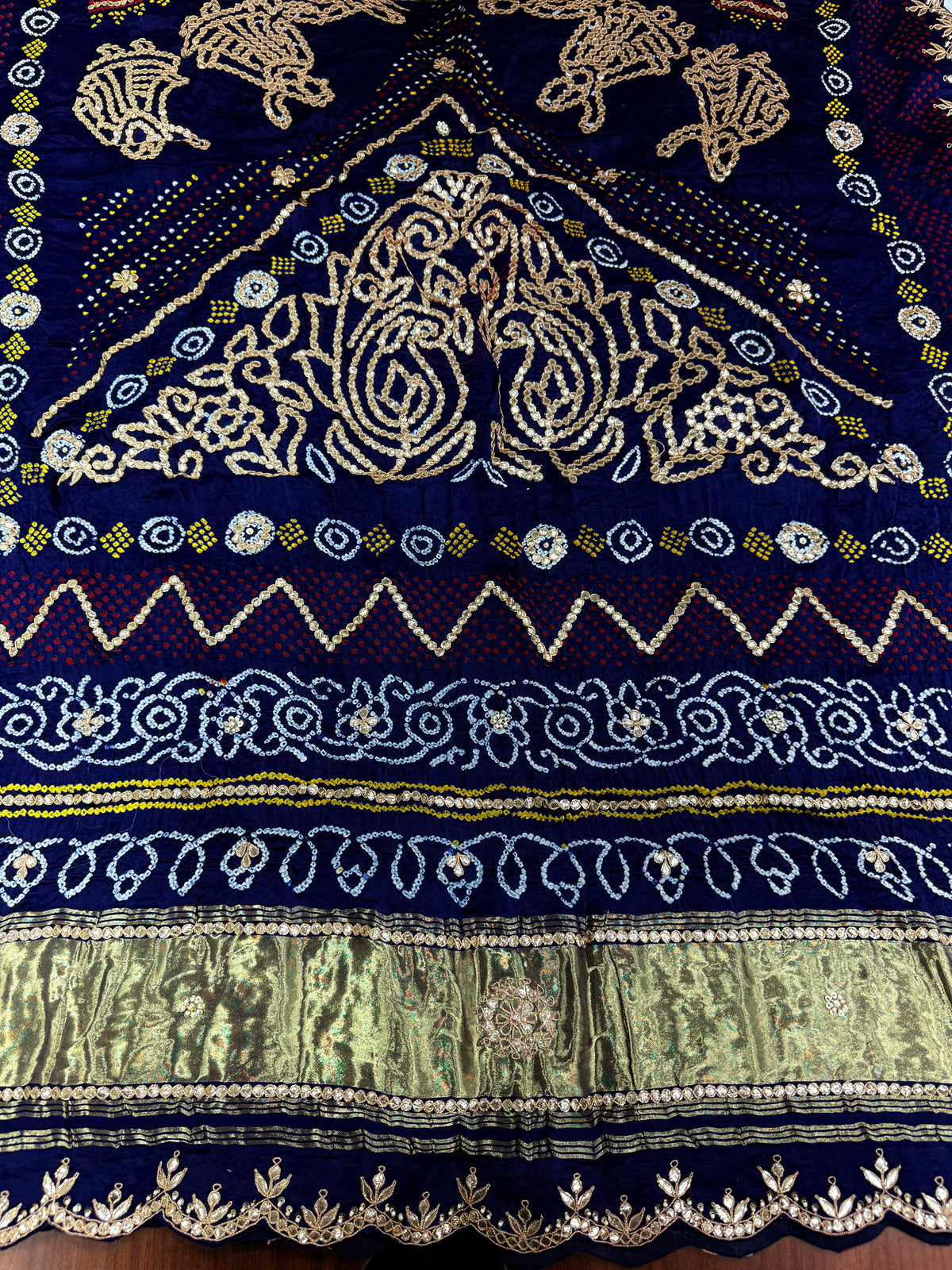 Navy Blue Pure Gajji Silk Bandhej Dupatta with Hand Embroidery | 2507264