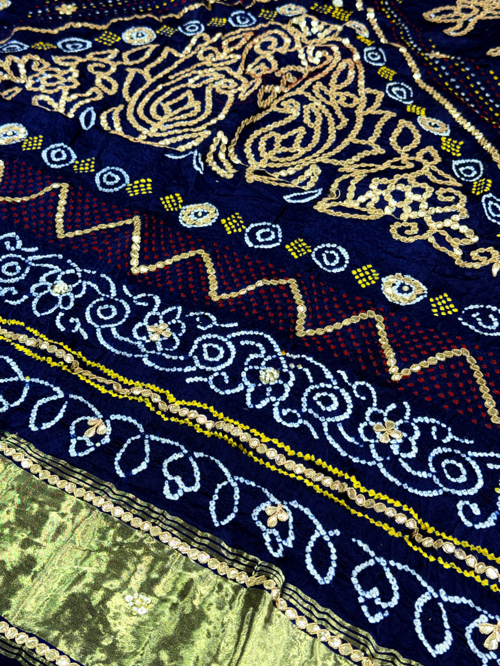 Navy Blue Pure Gajji Silk Bandhej Dupatta with Hand Embroidery | 2507264