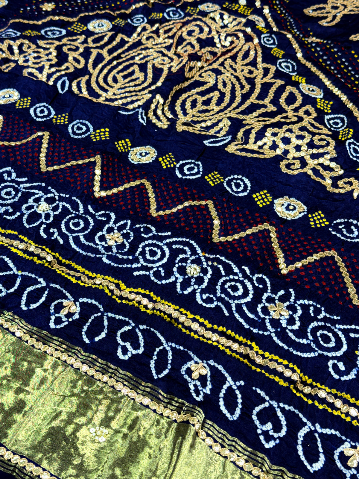 Navy Blue Pure Gajji Silk Bandhej Dupatta with Hand Embroidery | 2507264