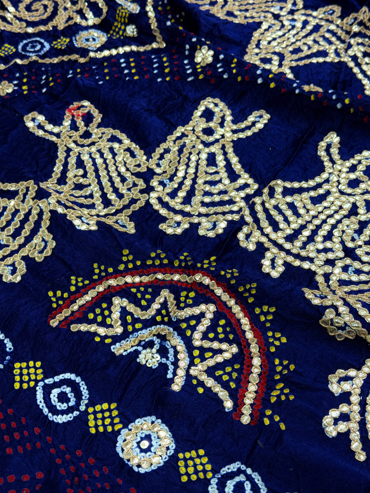 Navy Blue Pure Gajji Silk Bandhej Dupatta with Hand Embroidery | 2507264