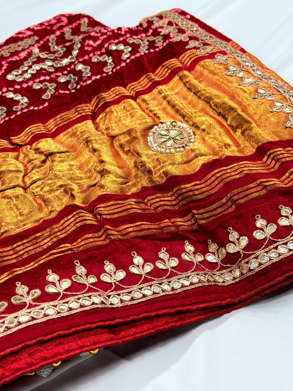 Crimson Red Pure Gajji Silk Bandhej Dupatta with Hand Embroidery | 2507261