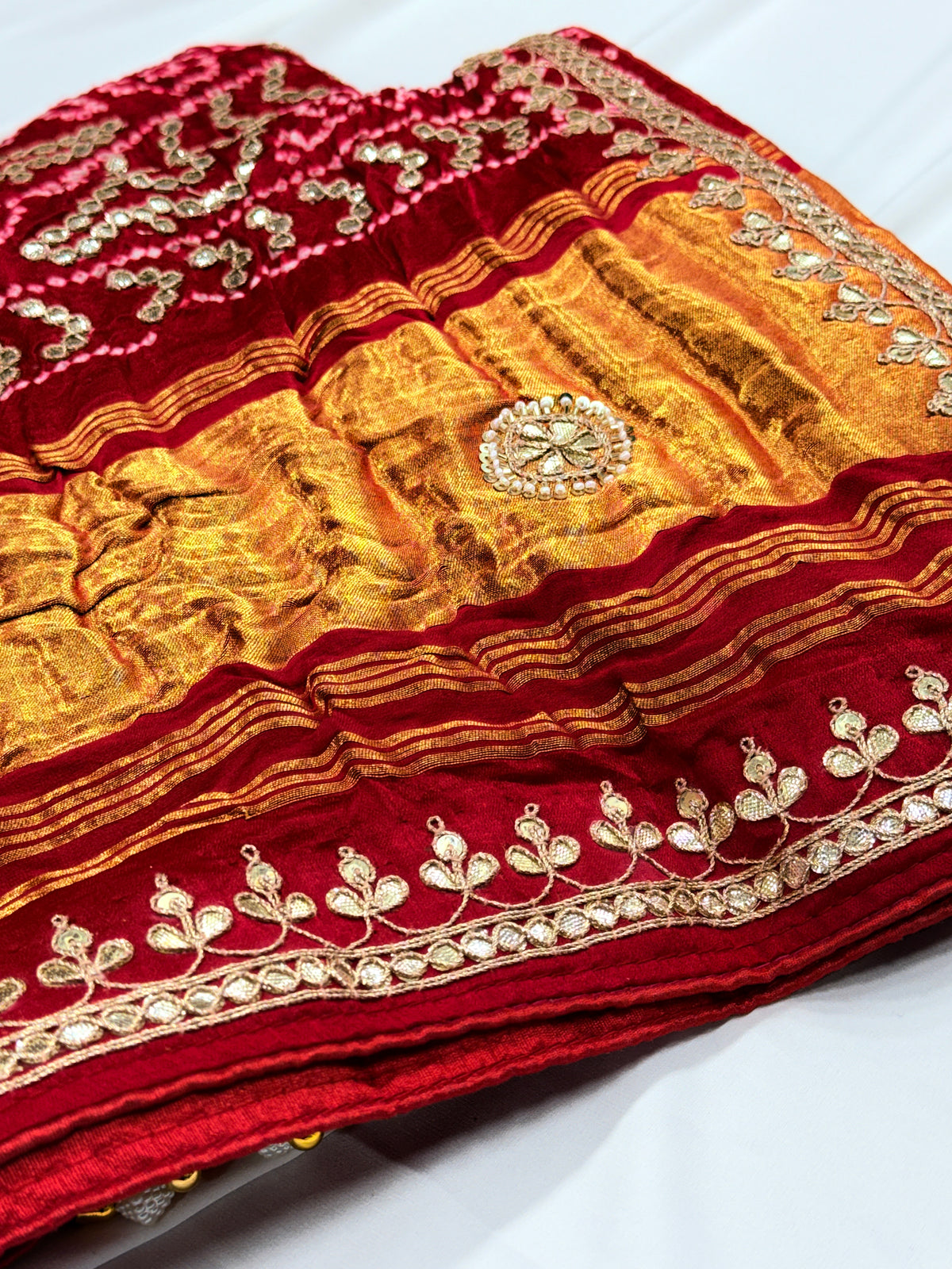Crimson Red Pure Gajji Silk Bandhej Dupatta with Hand Embroidery | 2507261