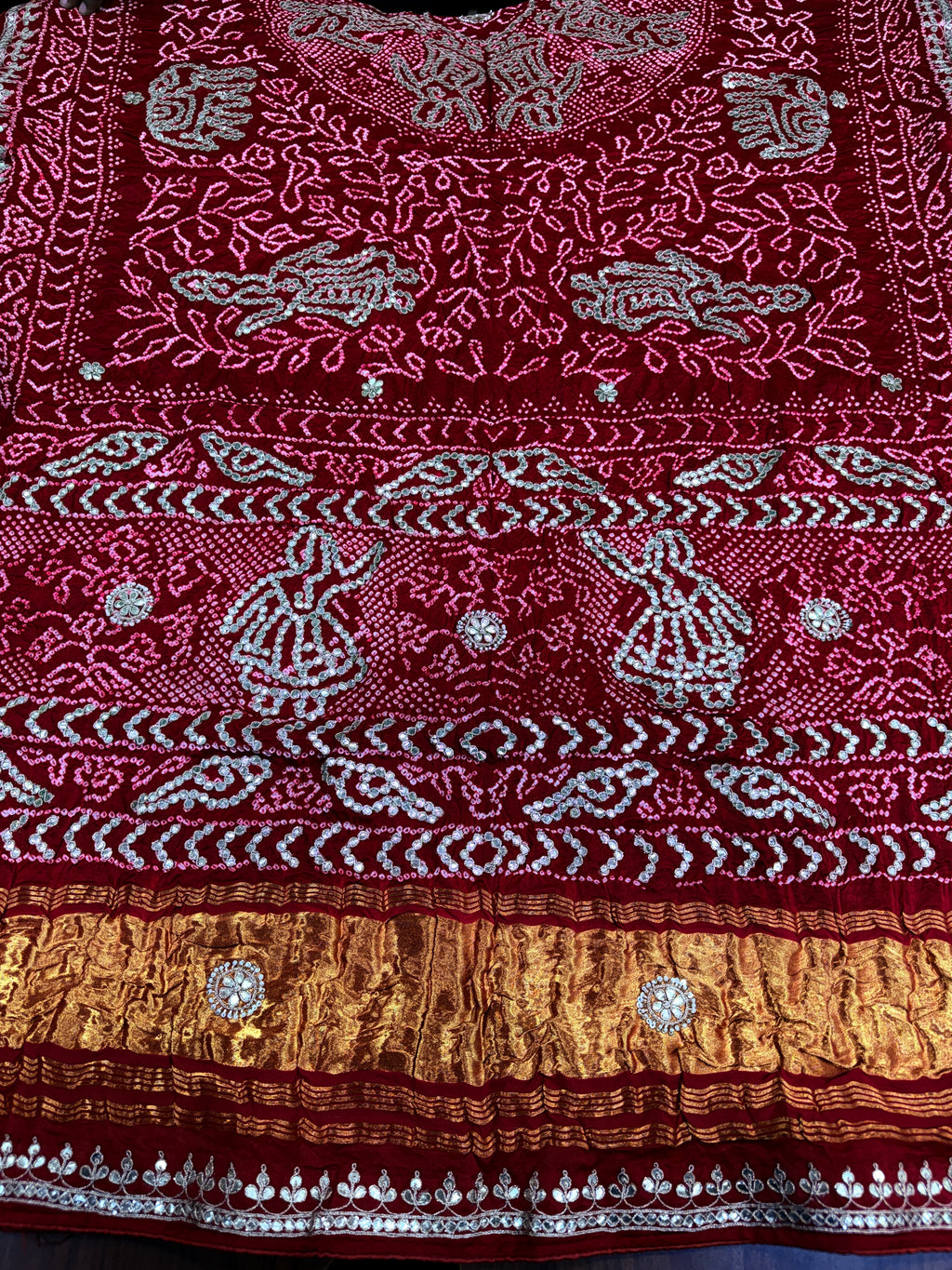 Crimson Red Pure Gajji Silk Bandhej Dupatta with Hand Embroidery | 2507261