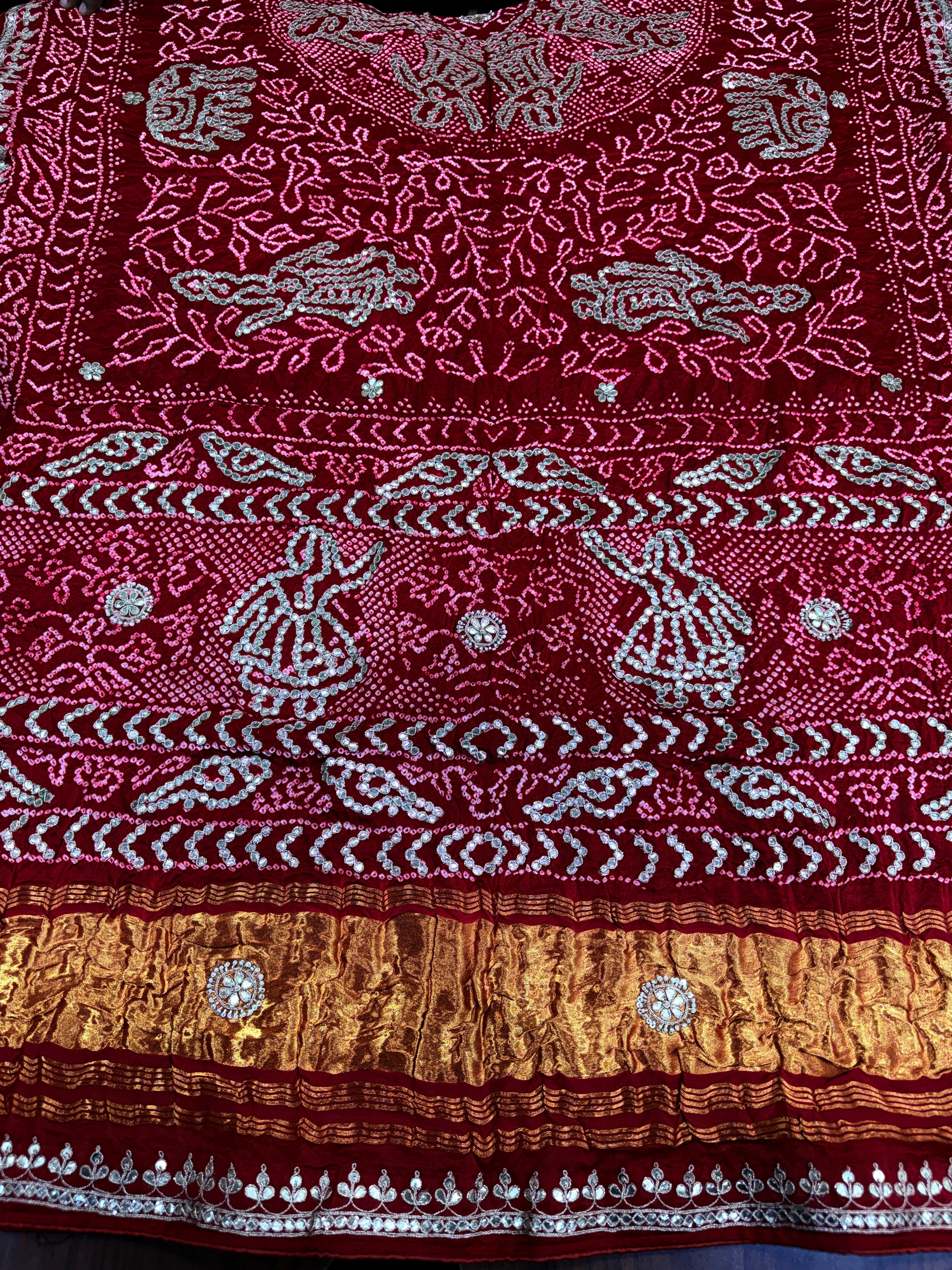 Crimson Red Pure Gajji Silk Bandhej Dupatta with Hand Embroidery | 2507261