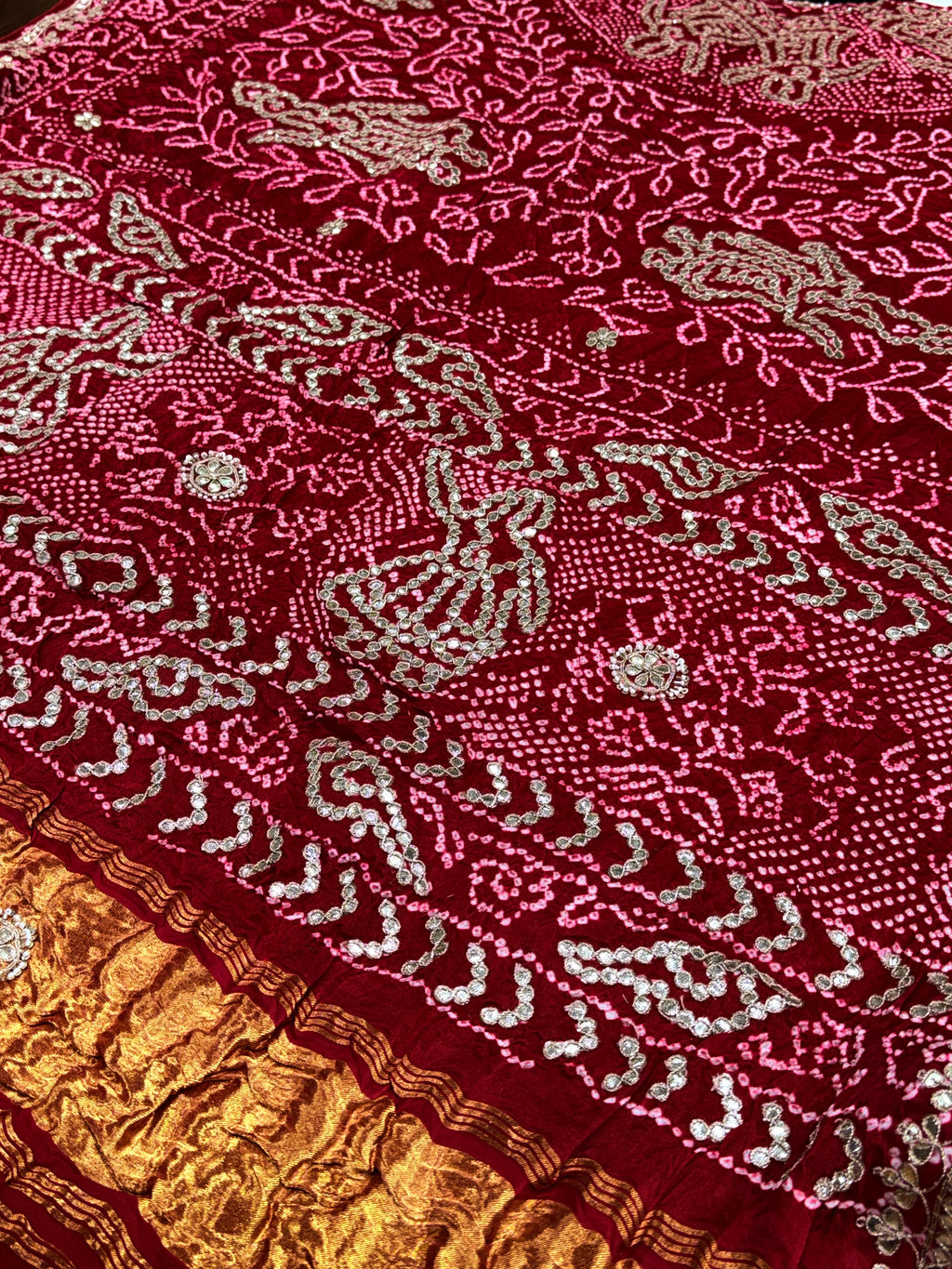 Crimson Red Pure Gajji Silk Bandhej Dupatta with Hand Embroidery | 2507261