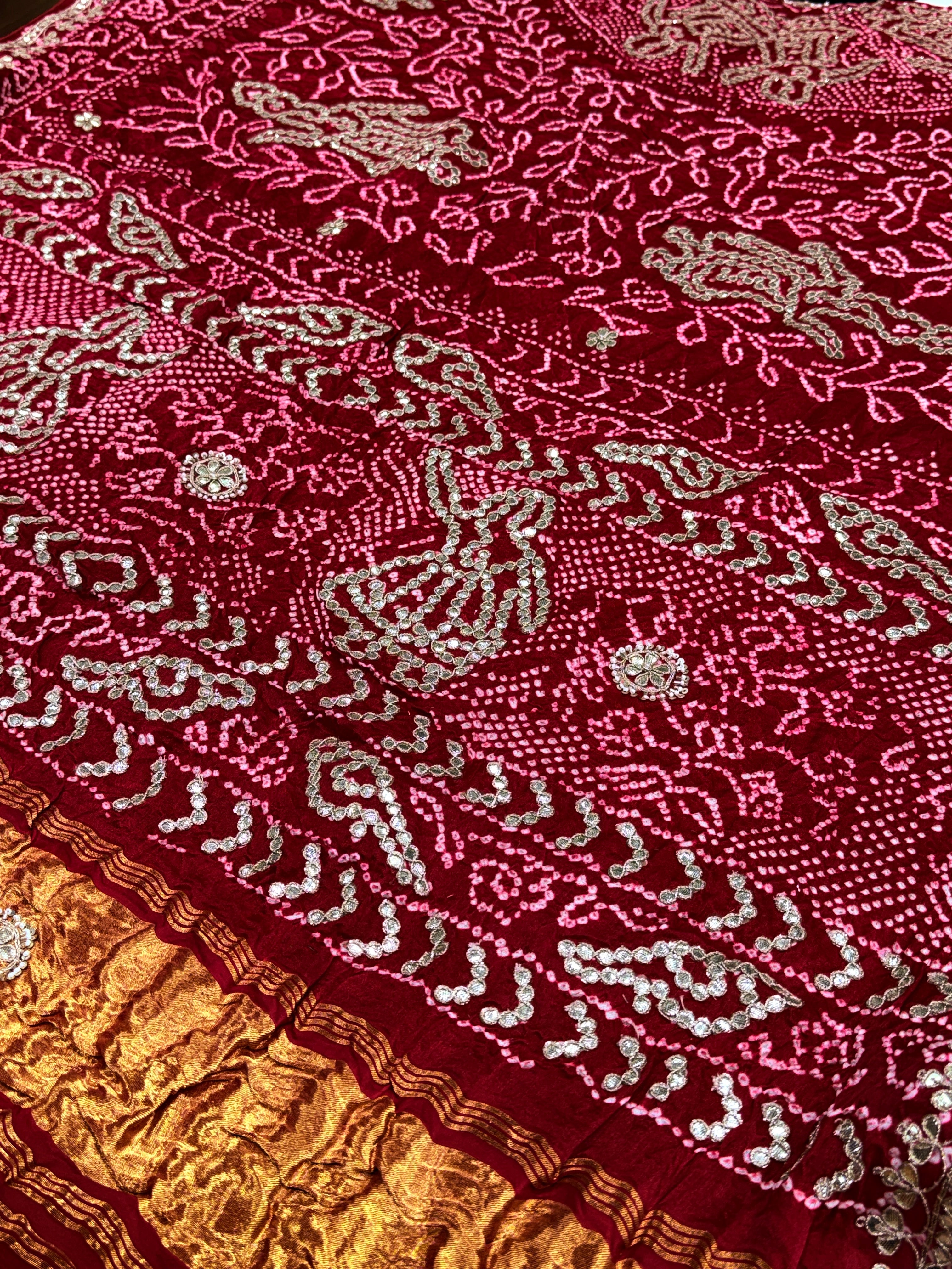 Crimson Red Pure Gajji Silk Bandhej Dupatta with Hand Embroidery | 2507261
