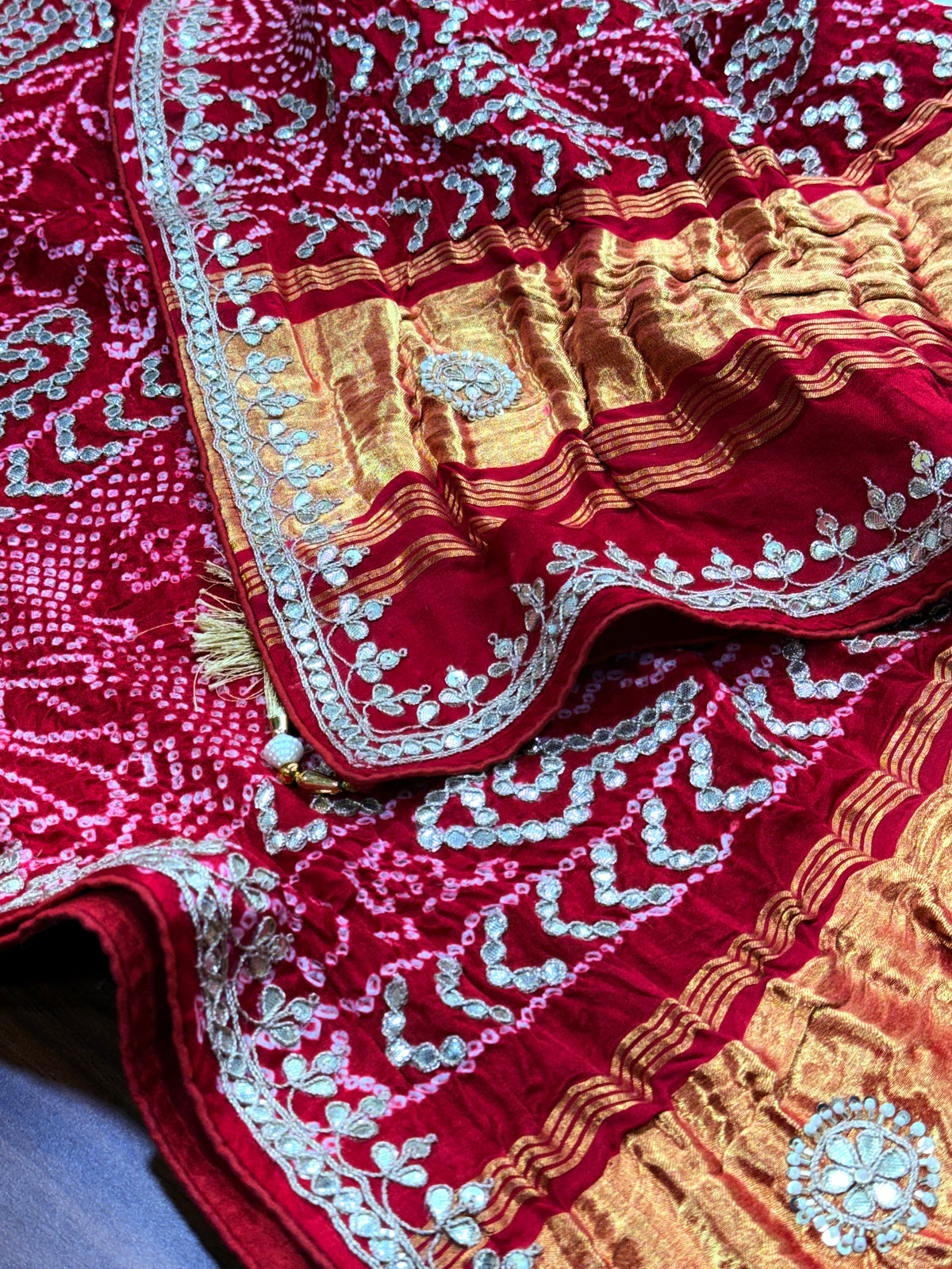 Crimson Red Pure Gajji Silk Bandhej Dupatta with Hand Embroidery | 2507261
