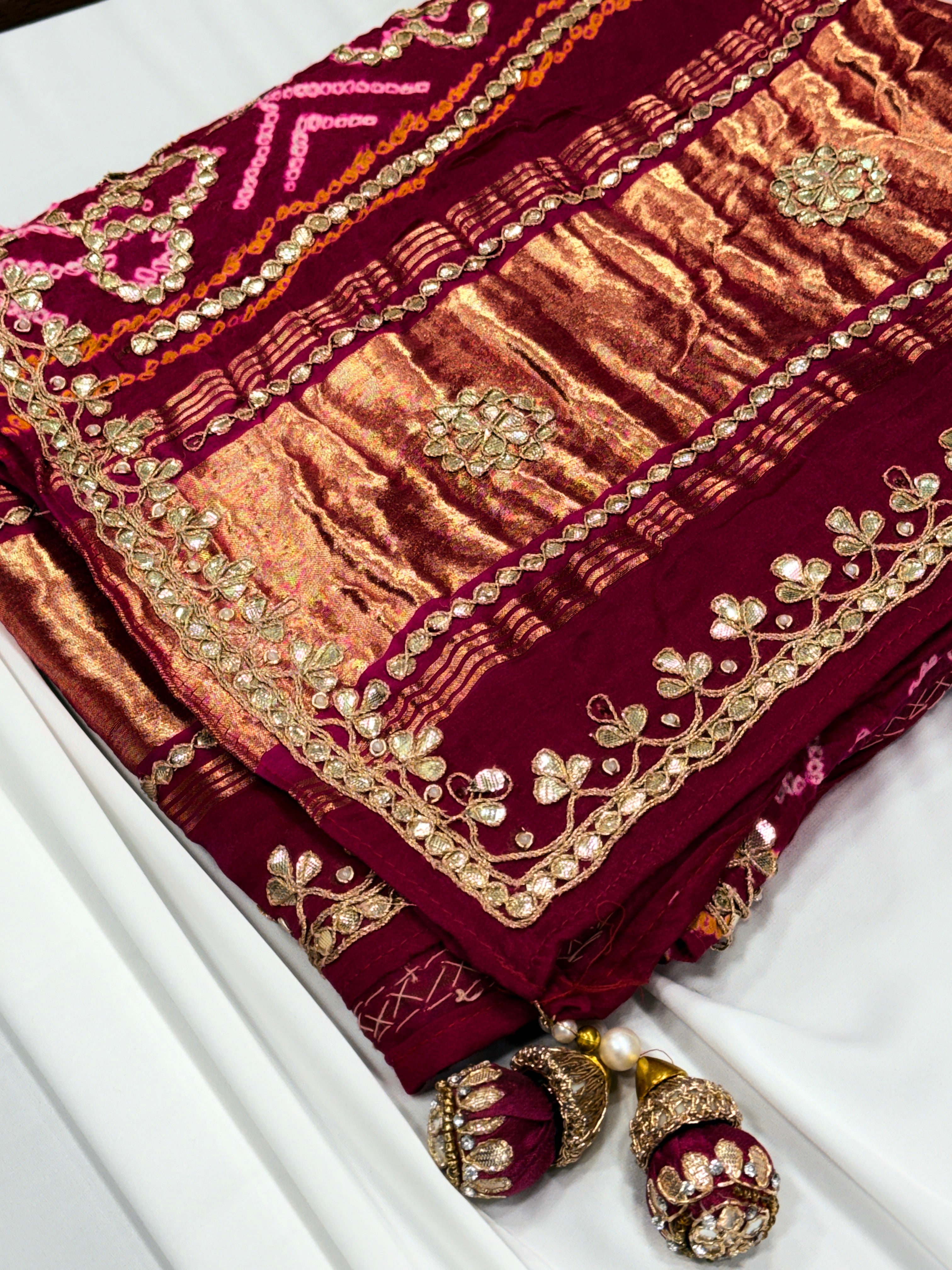 Rani Pink Pure Gajji Silk Bandhej Dupatta with Geometric Hand Embroidery | 2500829