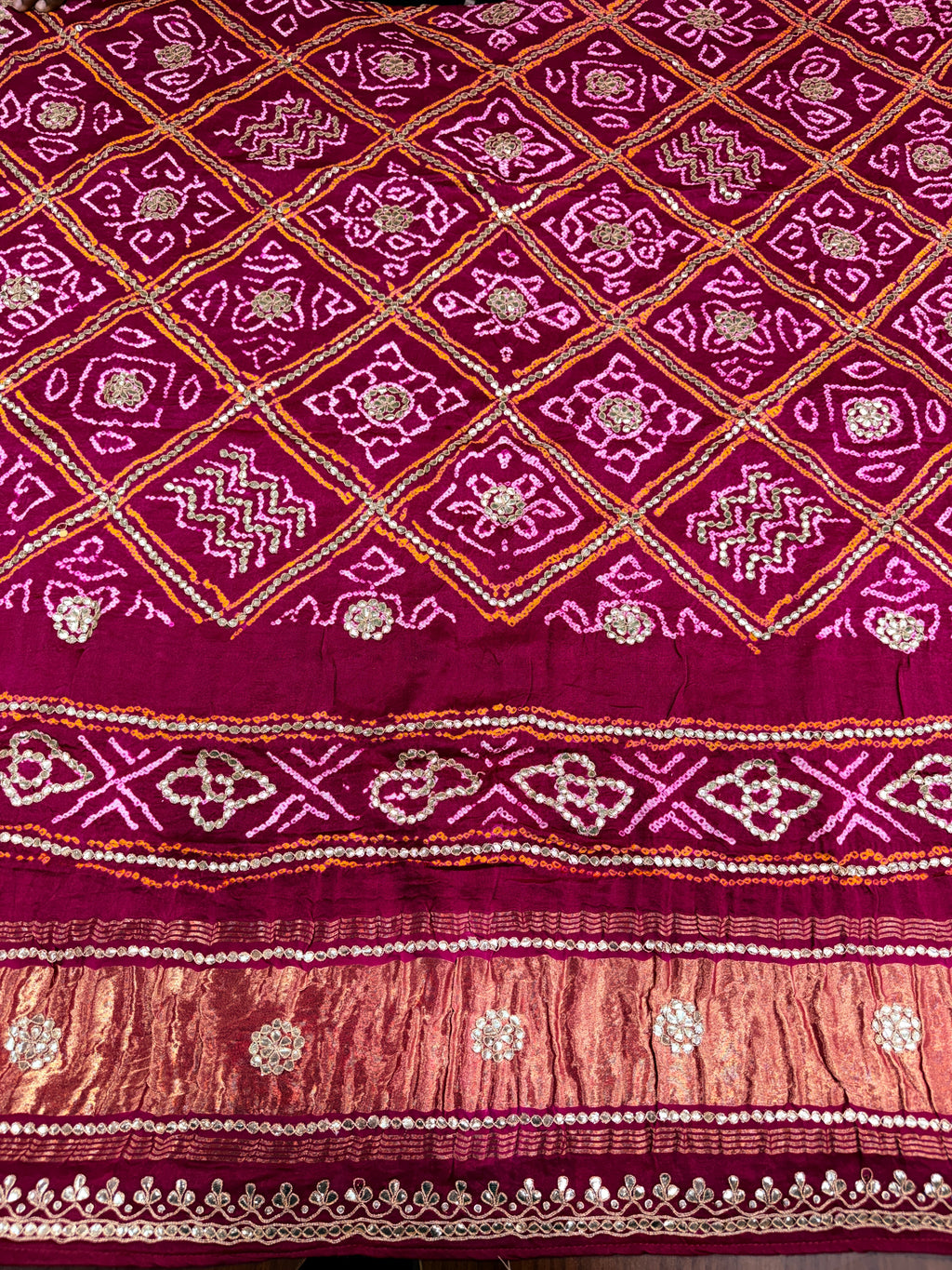 Rani Pink Pure Gajji Silk Bandhej Dupatta with Geometric Hand Embroidery | 2500829