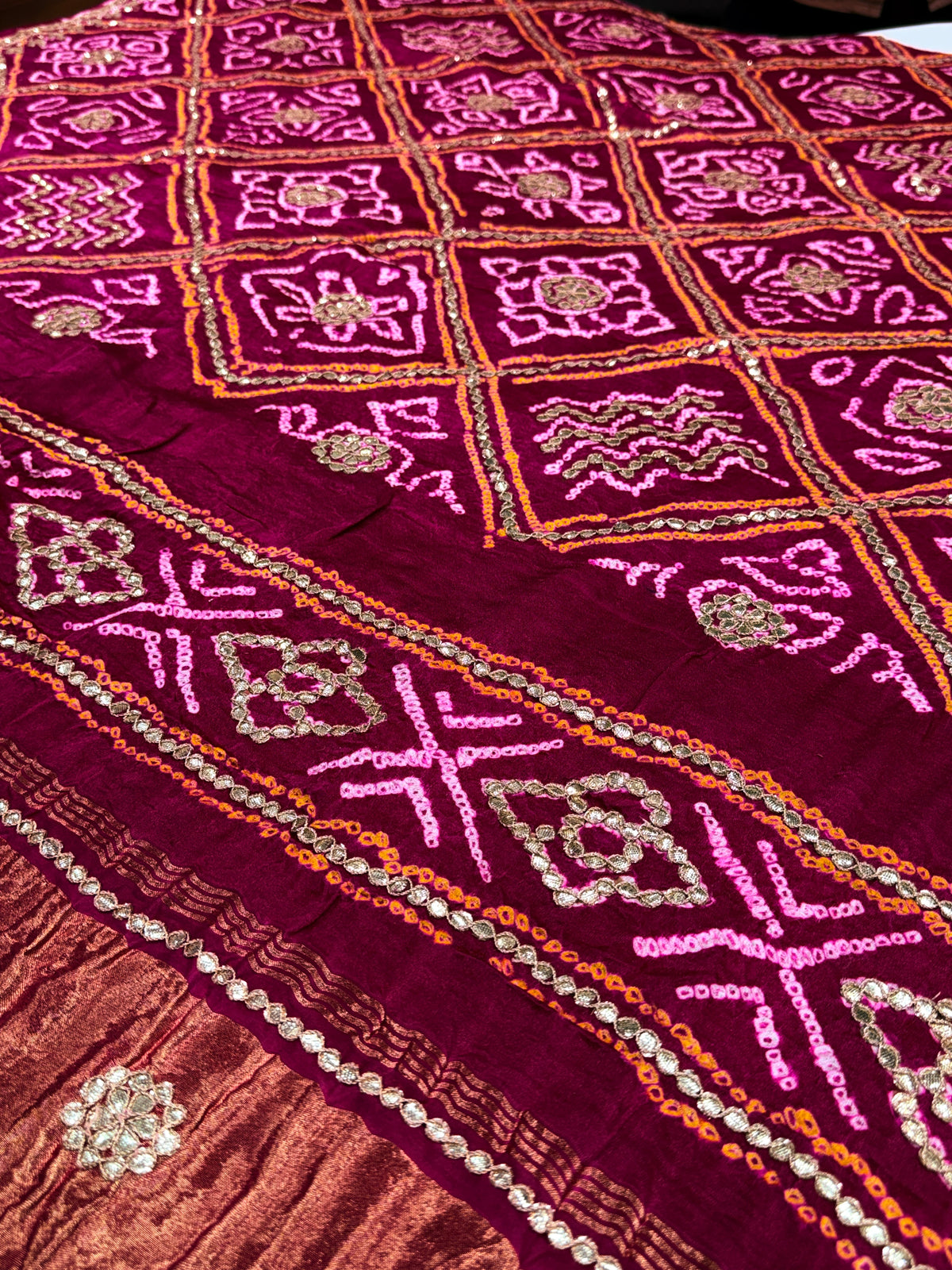 Rani Pink Pure Gajji Silk Bandhej Dupatta with Geometric Hand Embroidery | 2500829