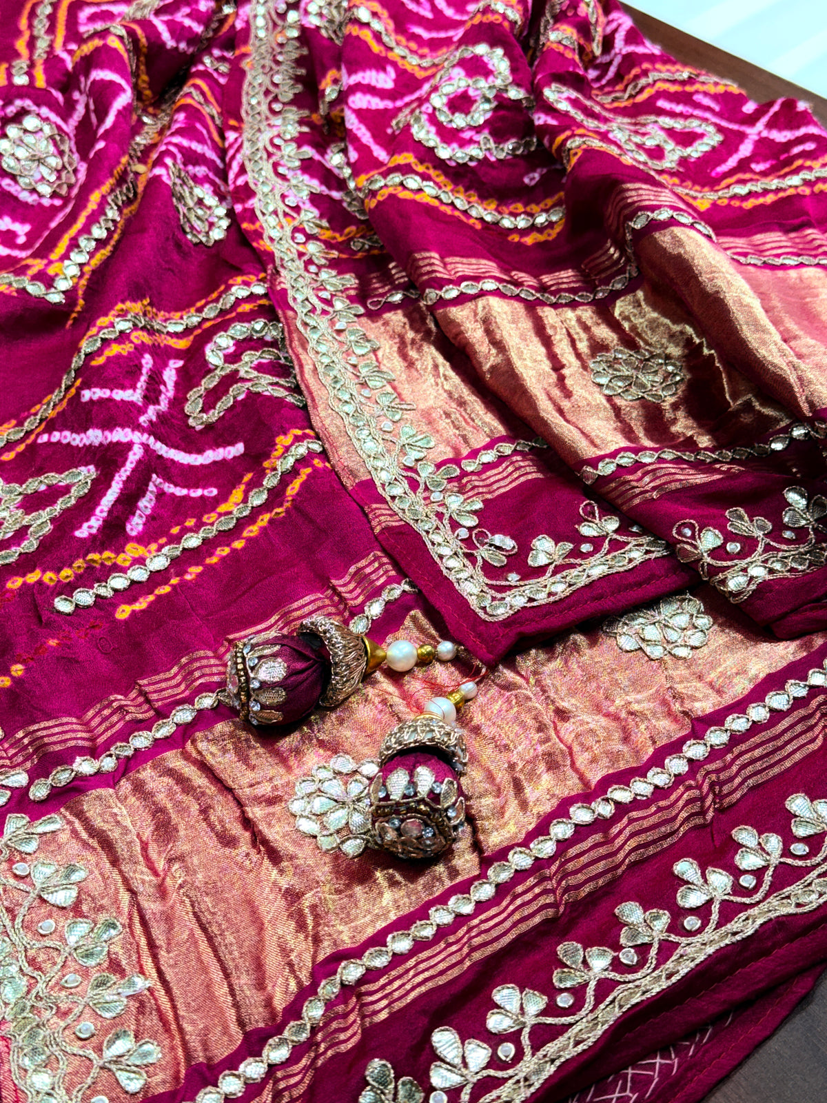 Rani Pink Pure Gajji Silk Bandhej Dupatta with Geometric Hand Embroidery | 2500829