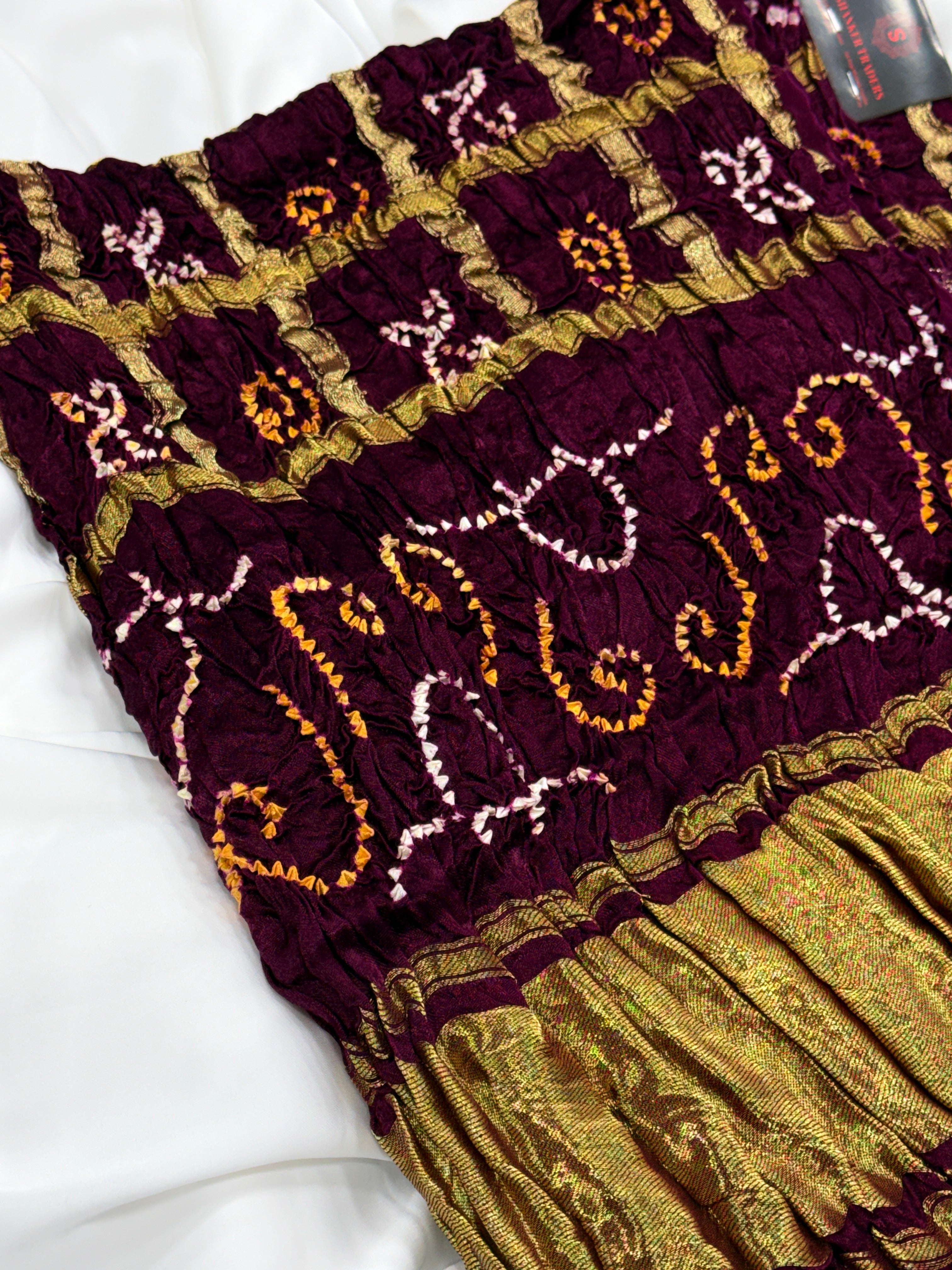 Royal Purple Pure Gajji Silk Bandhej Dupatta with Golden Border | 2506897