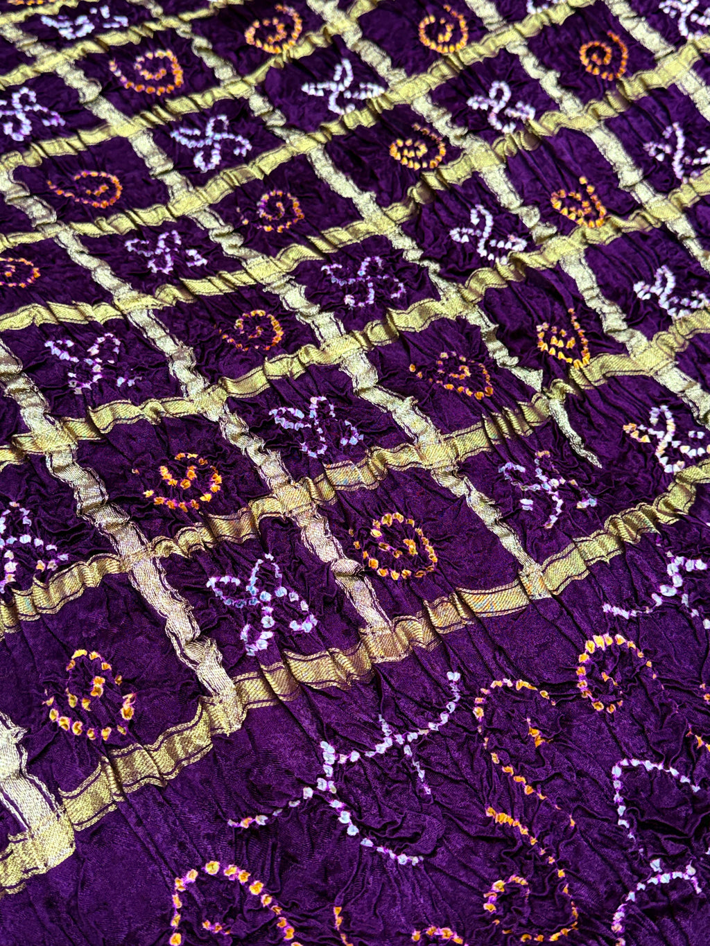 Royal Purple Pure Gajji Silk Bandhej Dupatta with Golden Border | 2506897