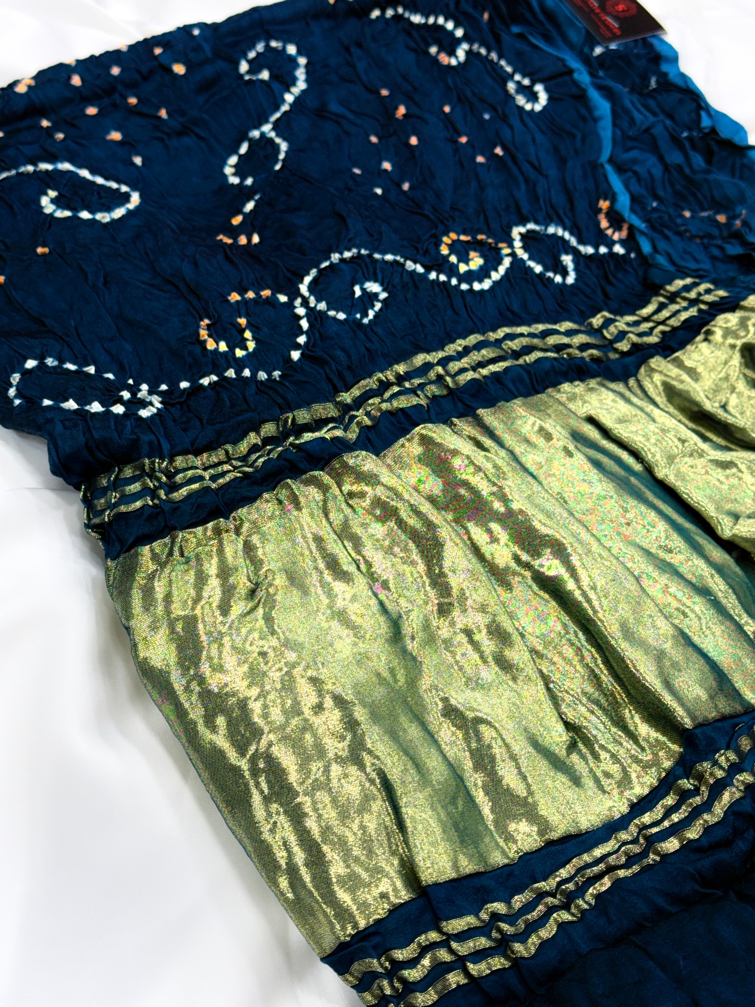 Teal Blue Pure Gajji Silk Bandhej Dupatta with Metallic Border | 2507166