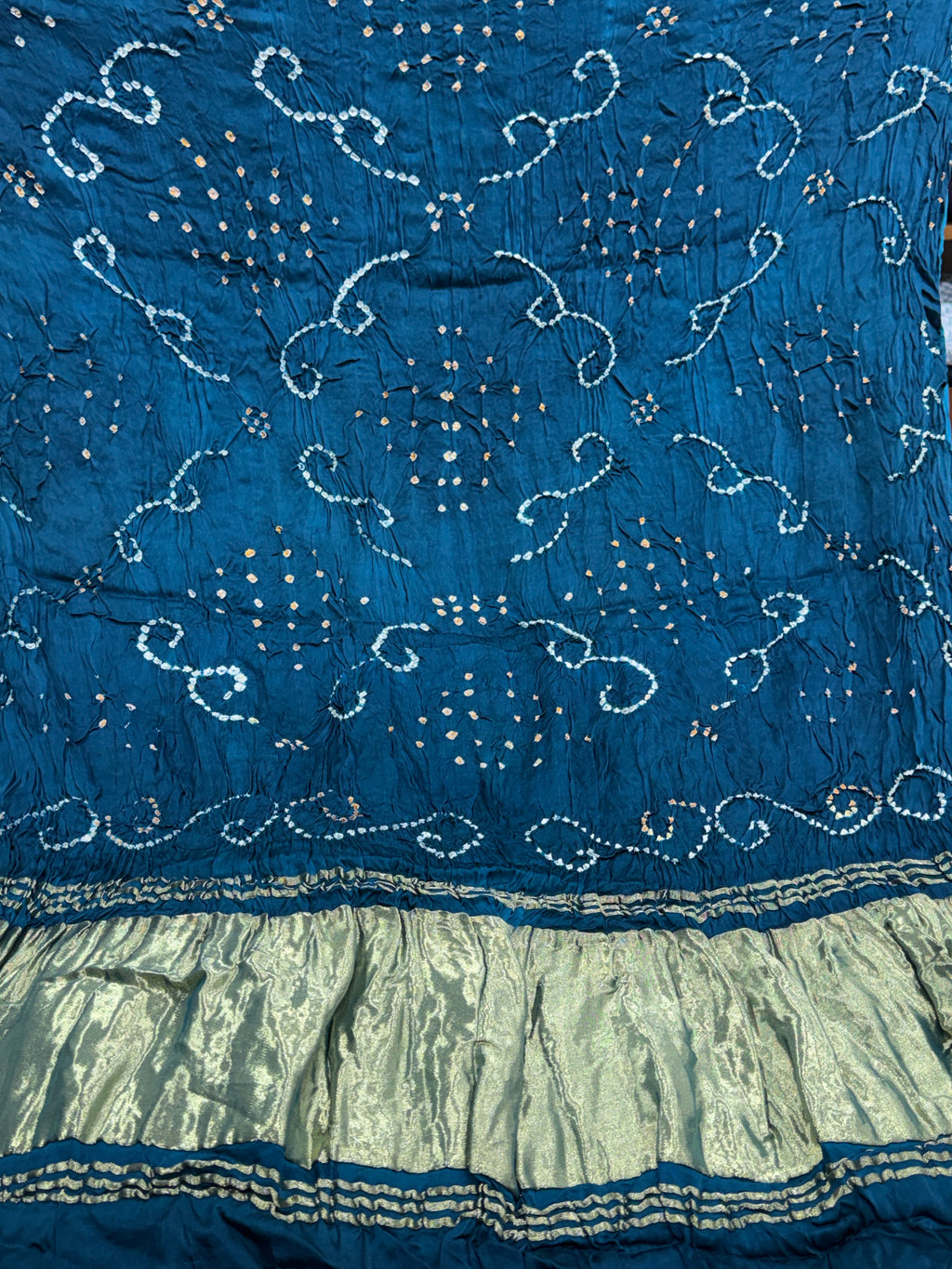 Teal Blue Pure Gajji Silk Bandhej Dupatta with Metallic Border | 2507166