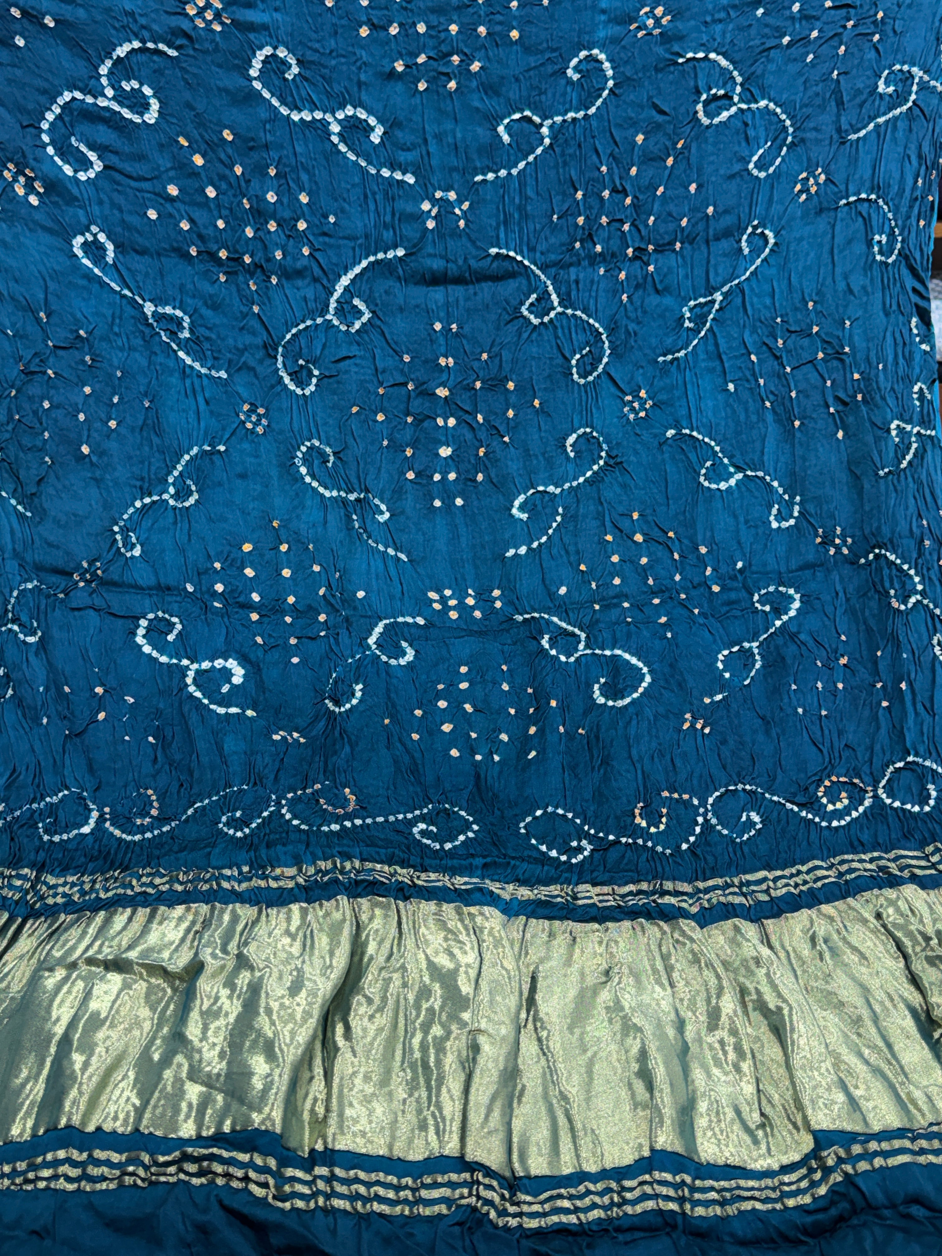 Teal Blue Pure Gajji Silk Bandhej Dupatta with Metallic Border | 2507166
