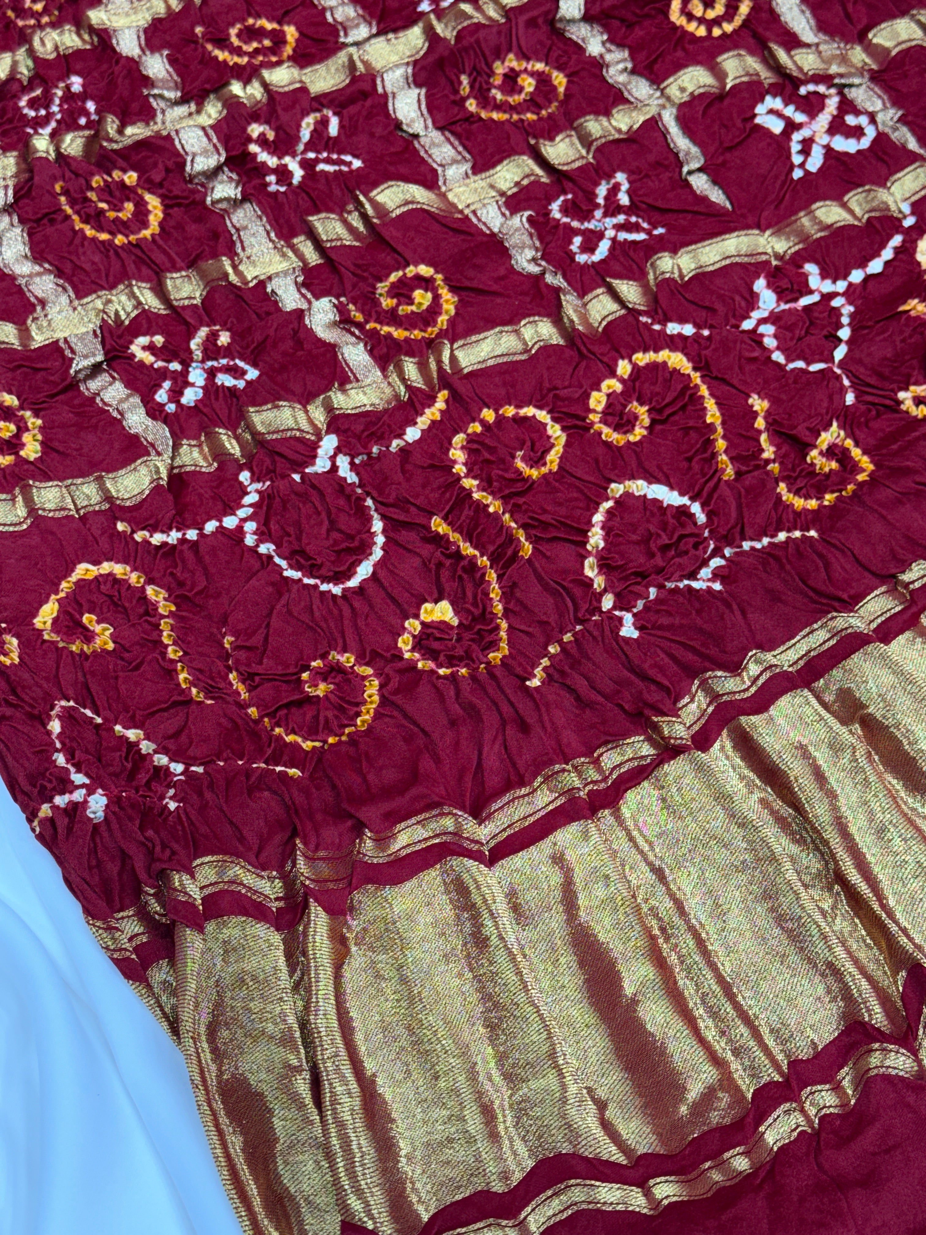 Maroon Pure Gajji Silk Bandhej Dupatta with Golden Border | 2506897
