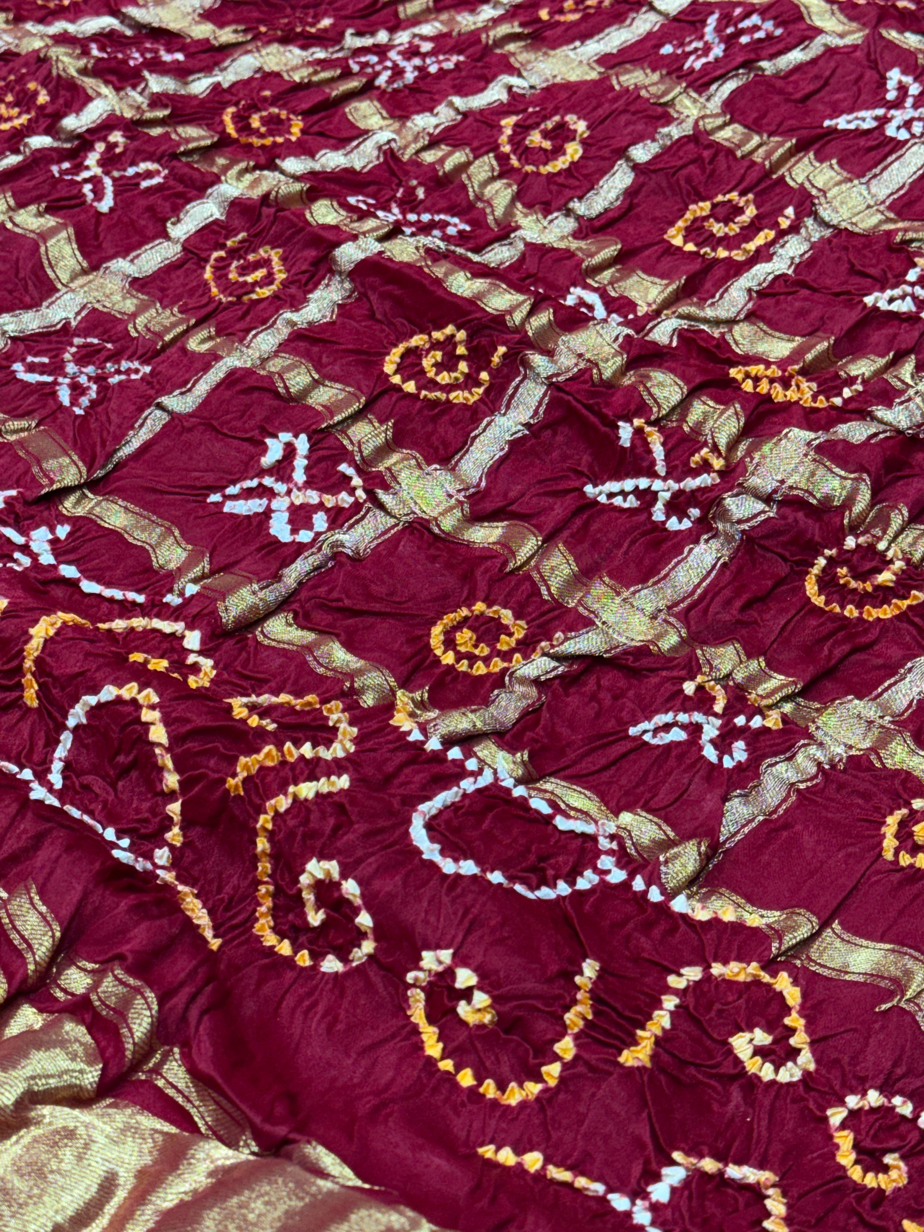 Maroon Pure Gajji Silk Bandhej Dupatta with Golden Border | 2506897