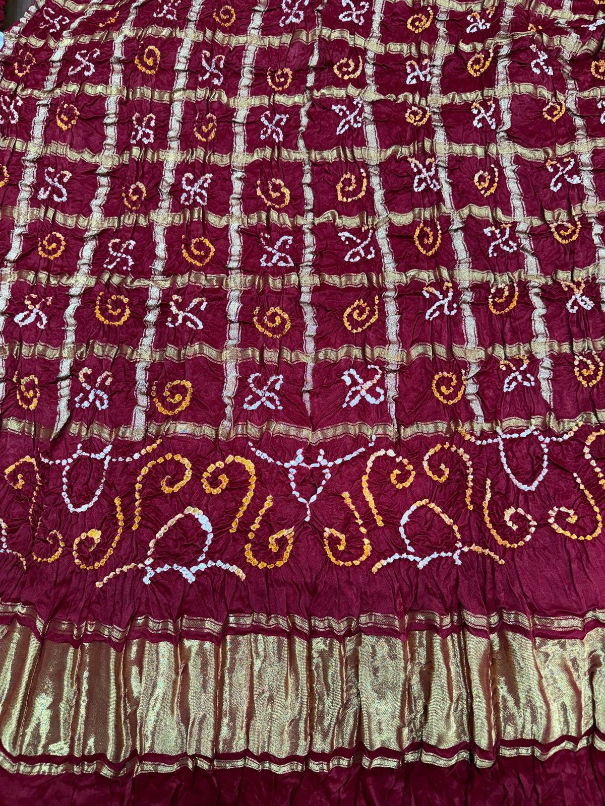 Maroon Pure Gajji Silk Bandhej Dupatta with Golden Border | 2506897