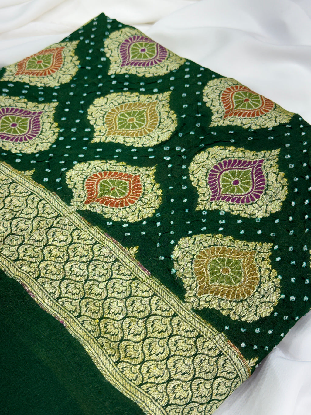 Emerald Green Pure Mysore Georgette Banarasi Bandhej Dupatta | 2500843