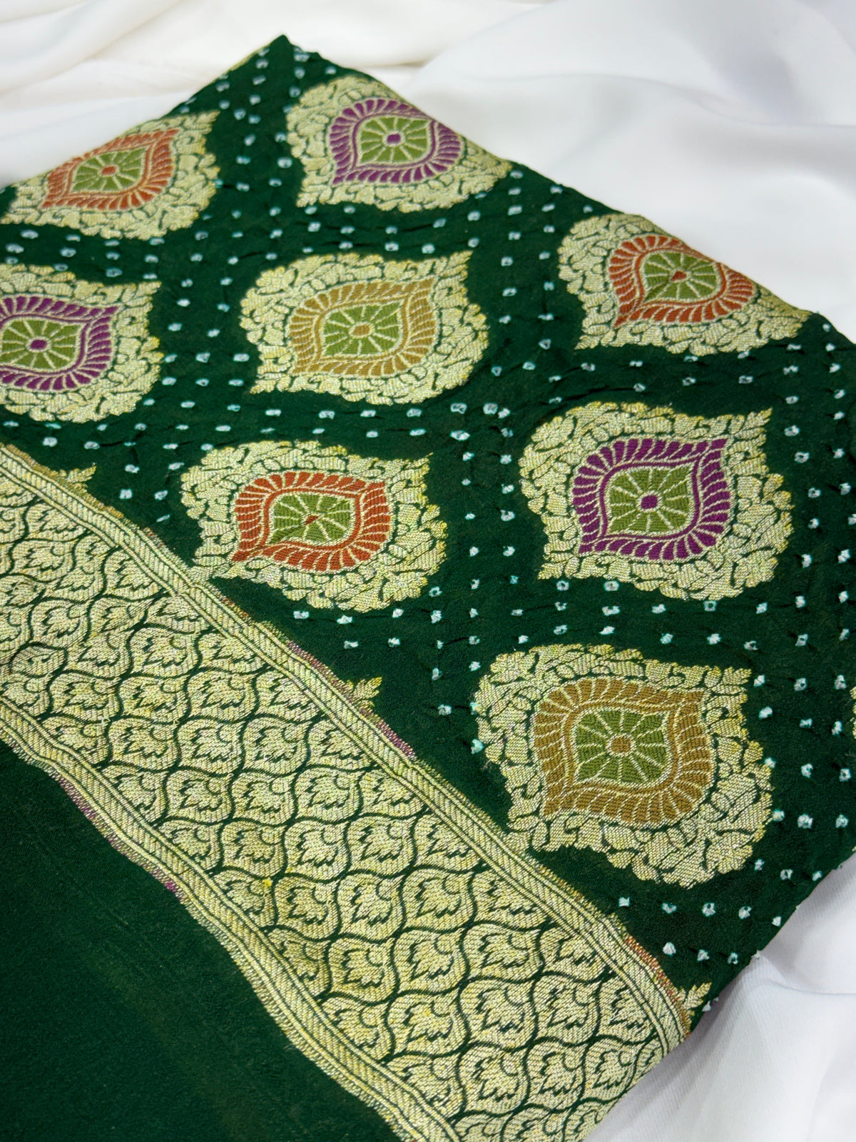 Emerald Green Pure Mysore Georgette Banarasi Bandhej Dupatta | 2500843