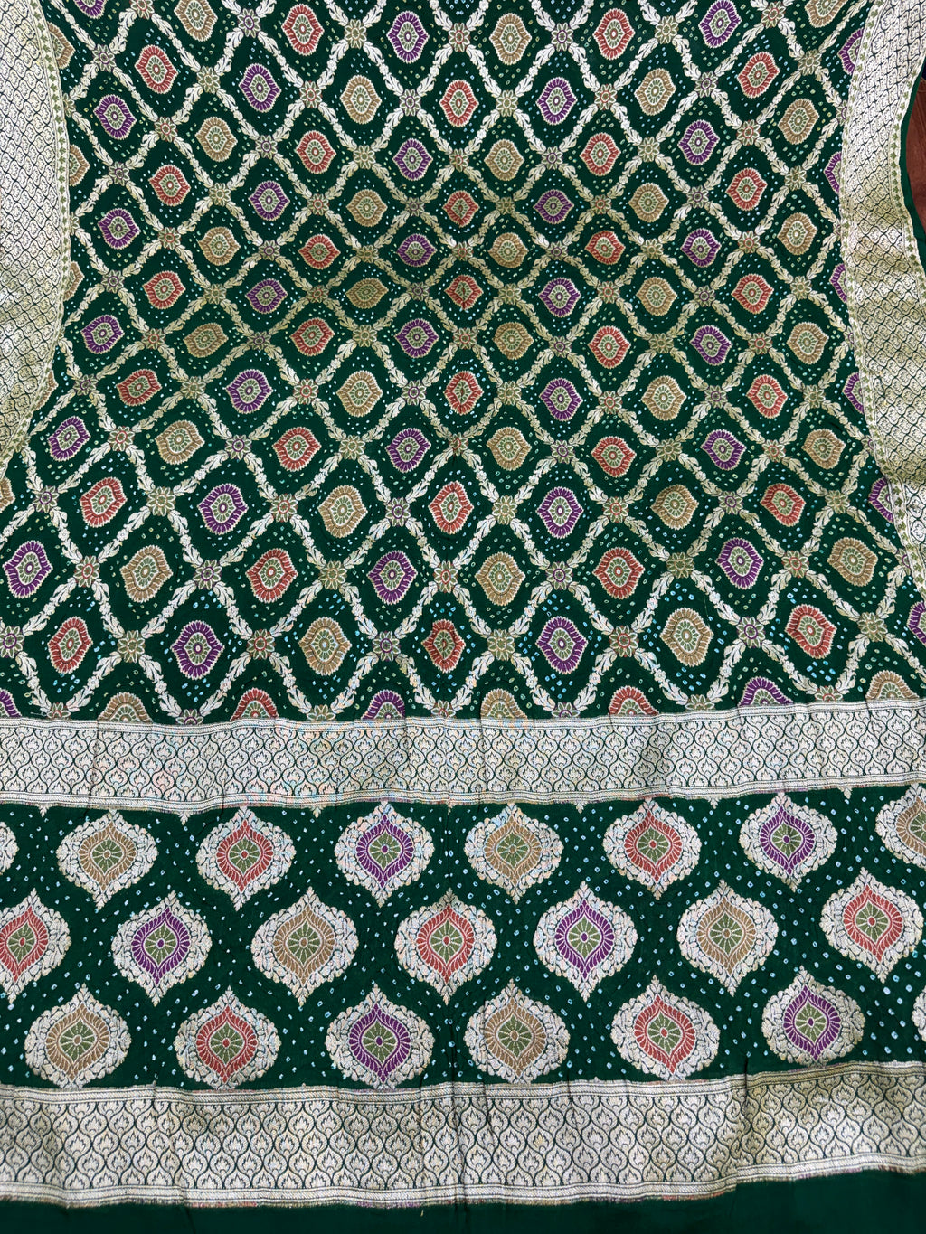 Emerald Green Pure Mysore Georgette Banarasi Bandhej Dupatta | 2500843
