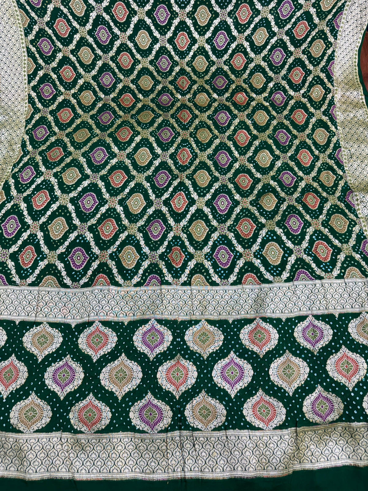Emerald Green Pure Mysore Georgette Banarasi Bandhej Dupatta | 2500843