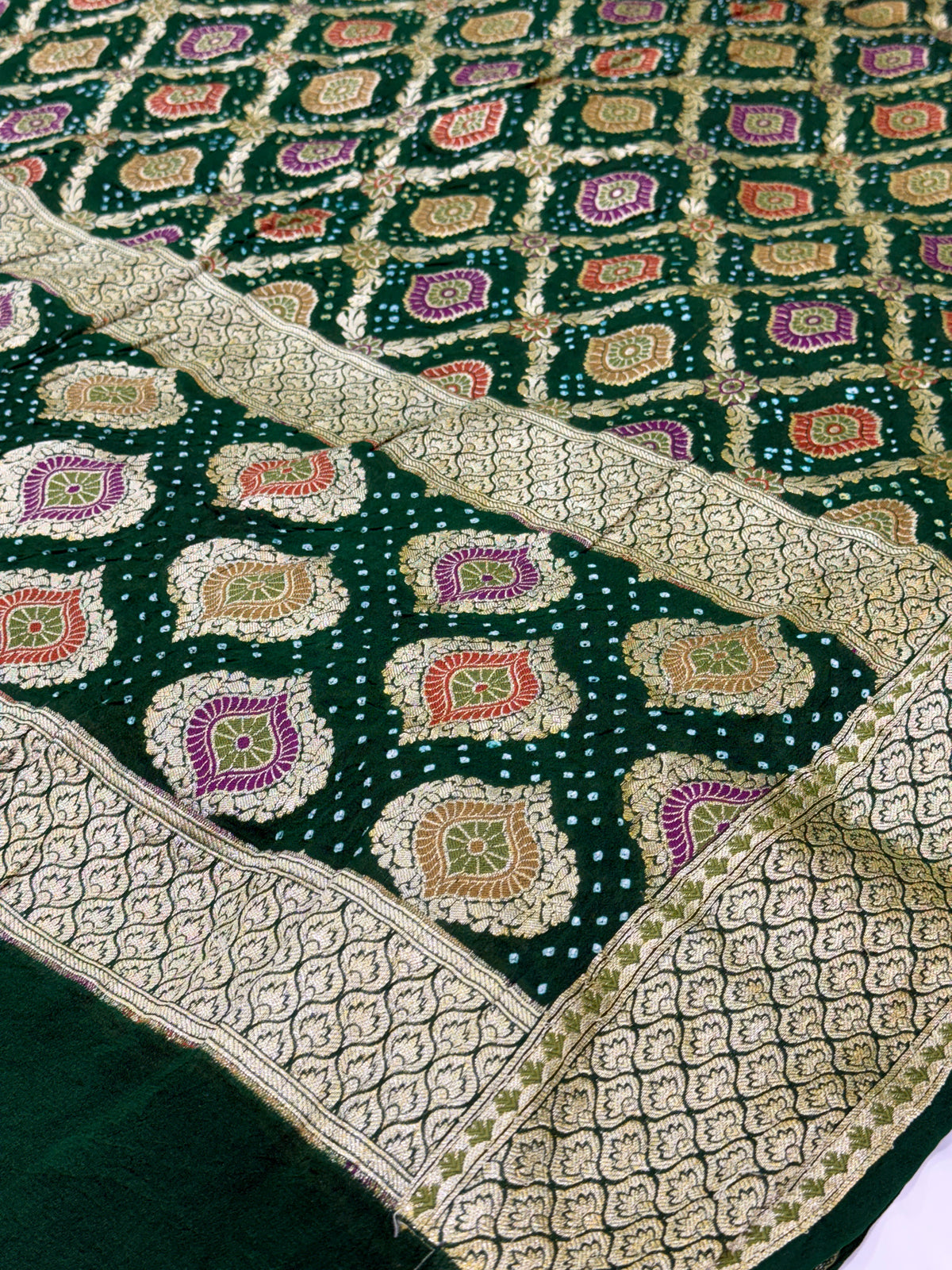 Emerald Green Pure Mysore Georgette Banarasi Bandhej Dupatta | 2500843